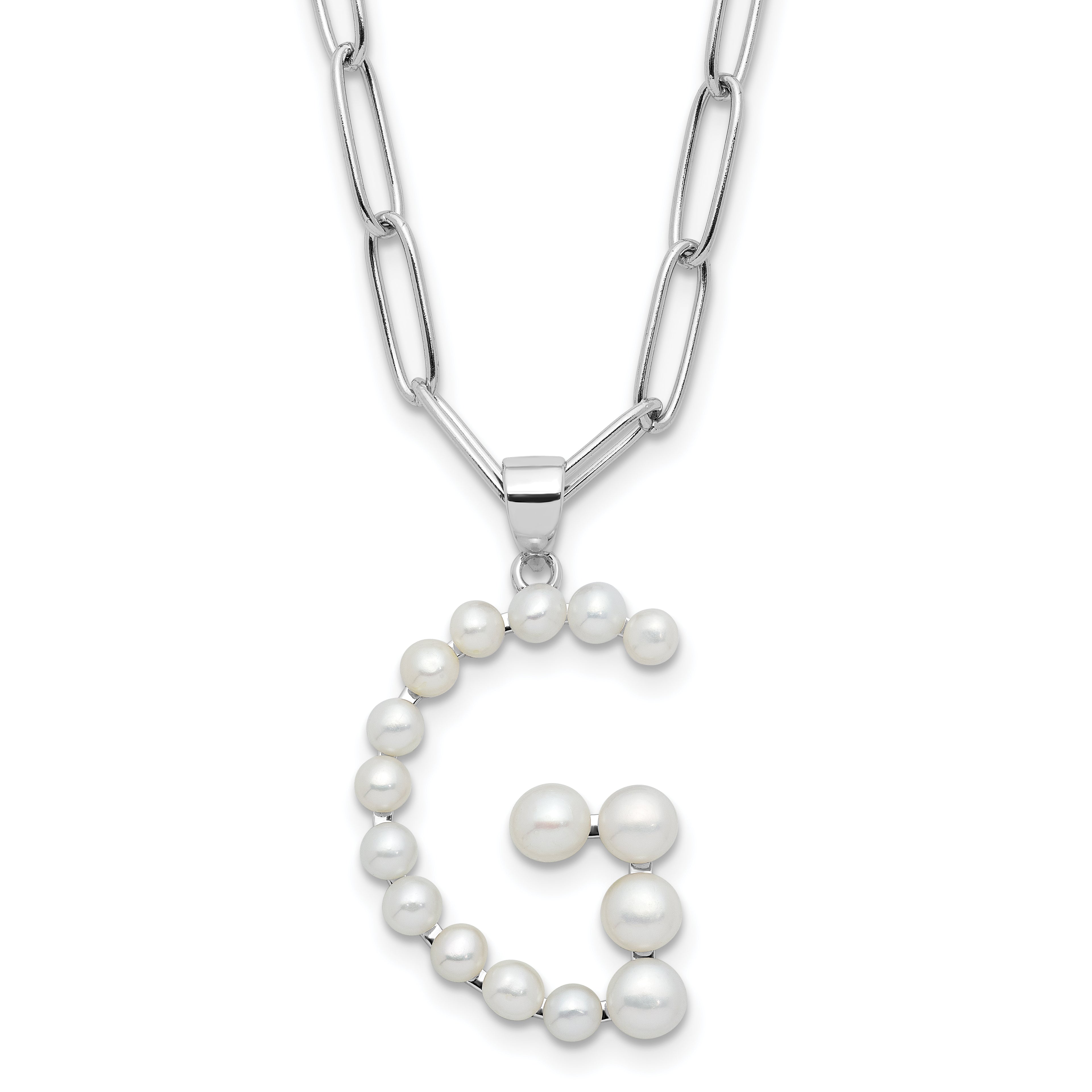 Sterling Silver Rhodium-Rhodium-Plated 3-5.5mm White Button Freshwater Cultured Pearl LETTER G 18 inch Necklace