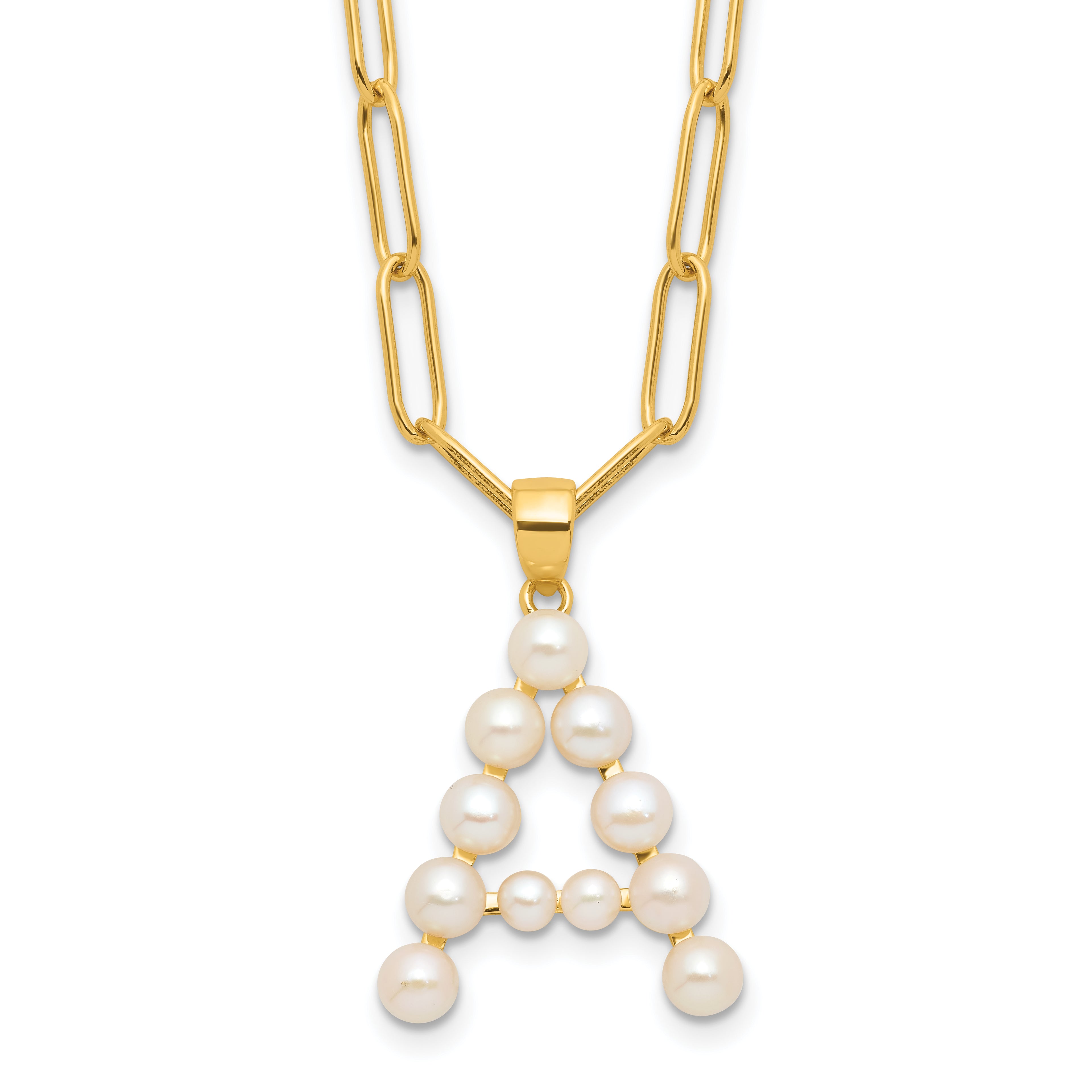 Sterling Silver Gold-plated 3-5.5mm White Button Freshwater Cultured Pearl LETTER A 18 inch Necklace
