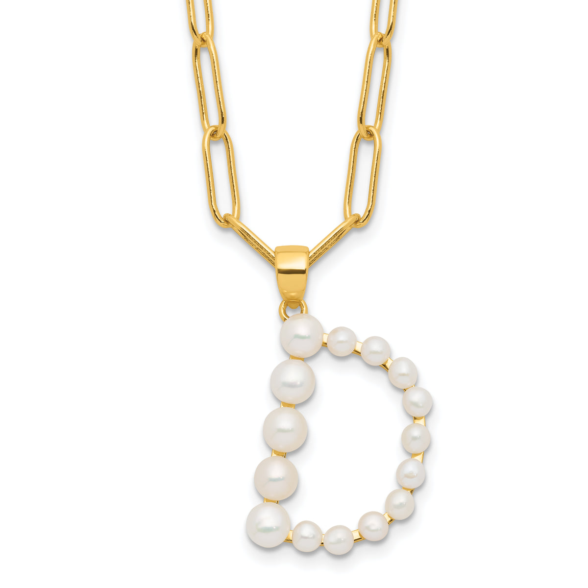 Sterling Silver Gold-plated 3-5.5mm White Button Freshwater Cultured Pearl LETTER D 18 inch Necklace