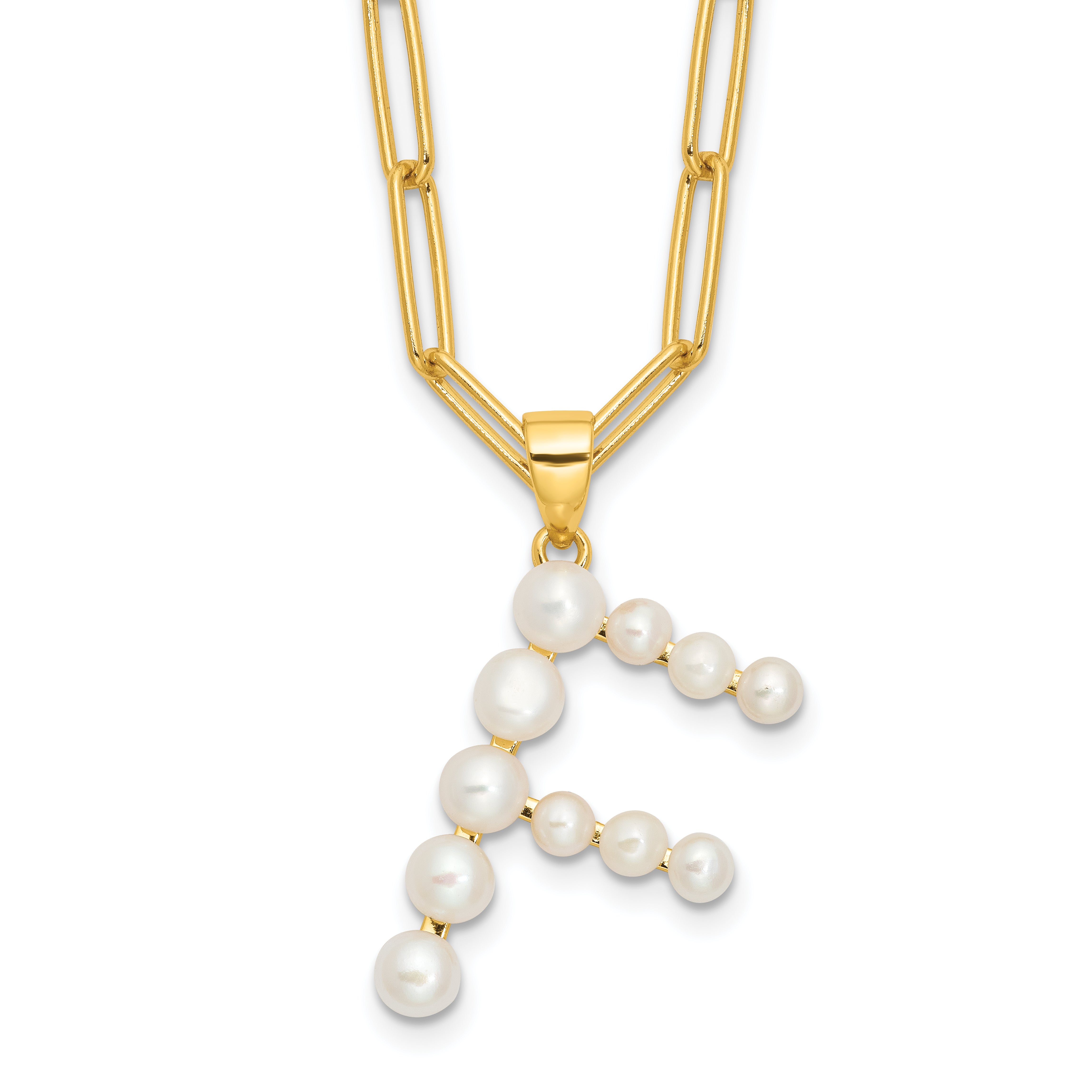 Sterling Silver Gold-plated 3-5.5mm White Button Freshwater Cultured Pearl LETTER F 18 inch Necklace Main image