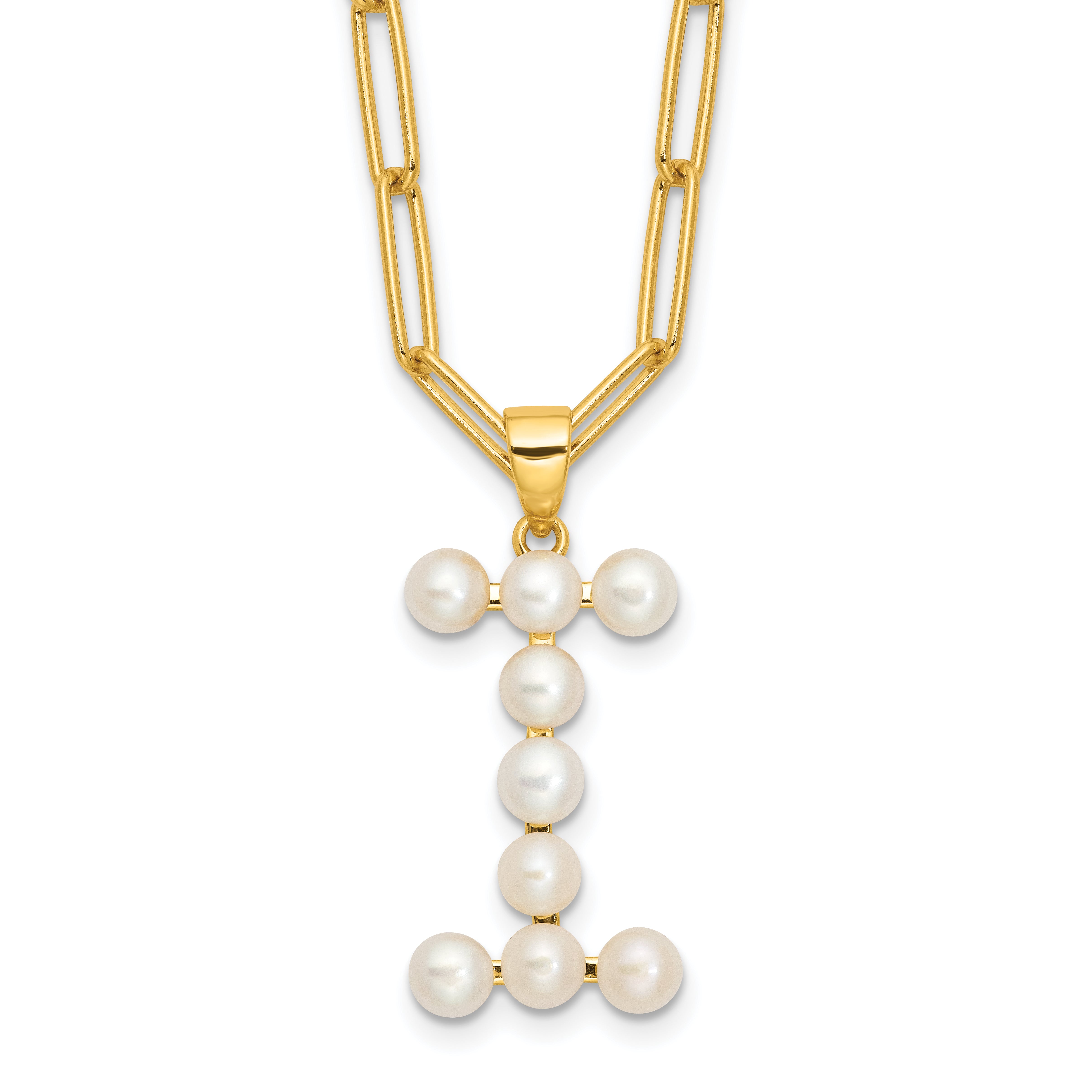 Sterling Silver Gold-plated 3-5.5mm White Button Freshwater Cultured Pearl LETTER I 18 inch Necklace Main image