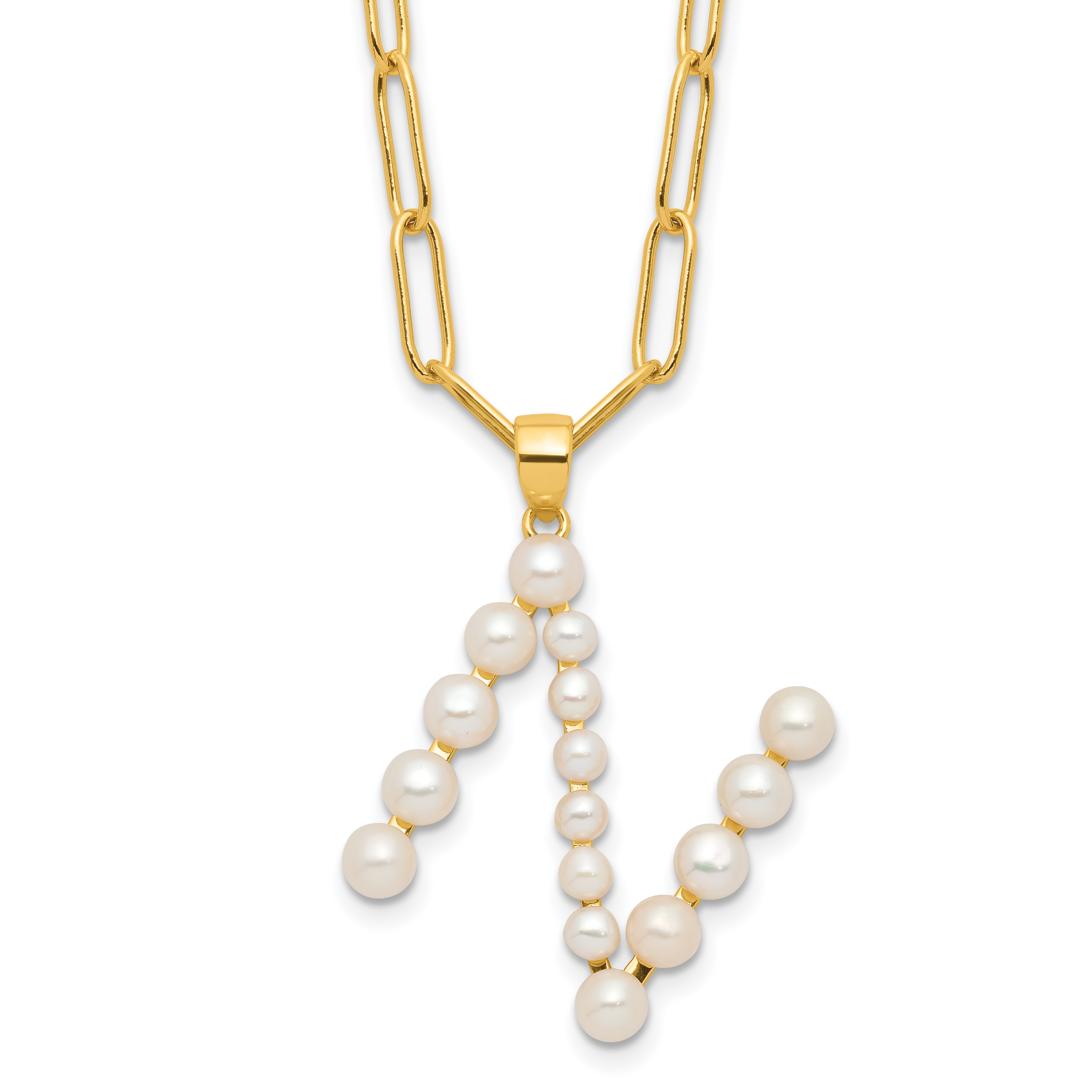 Sterling Silver Gold-plated 3-5.5mm White Button Freshwater Cultured Pearl LETTER N 18 inch Necklace Main image