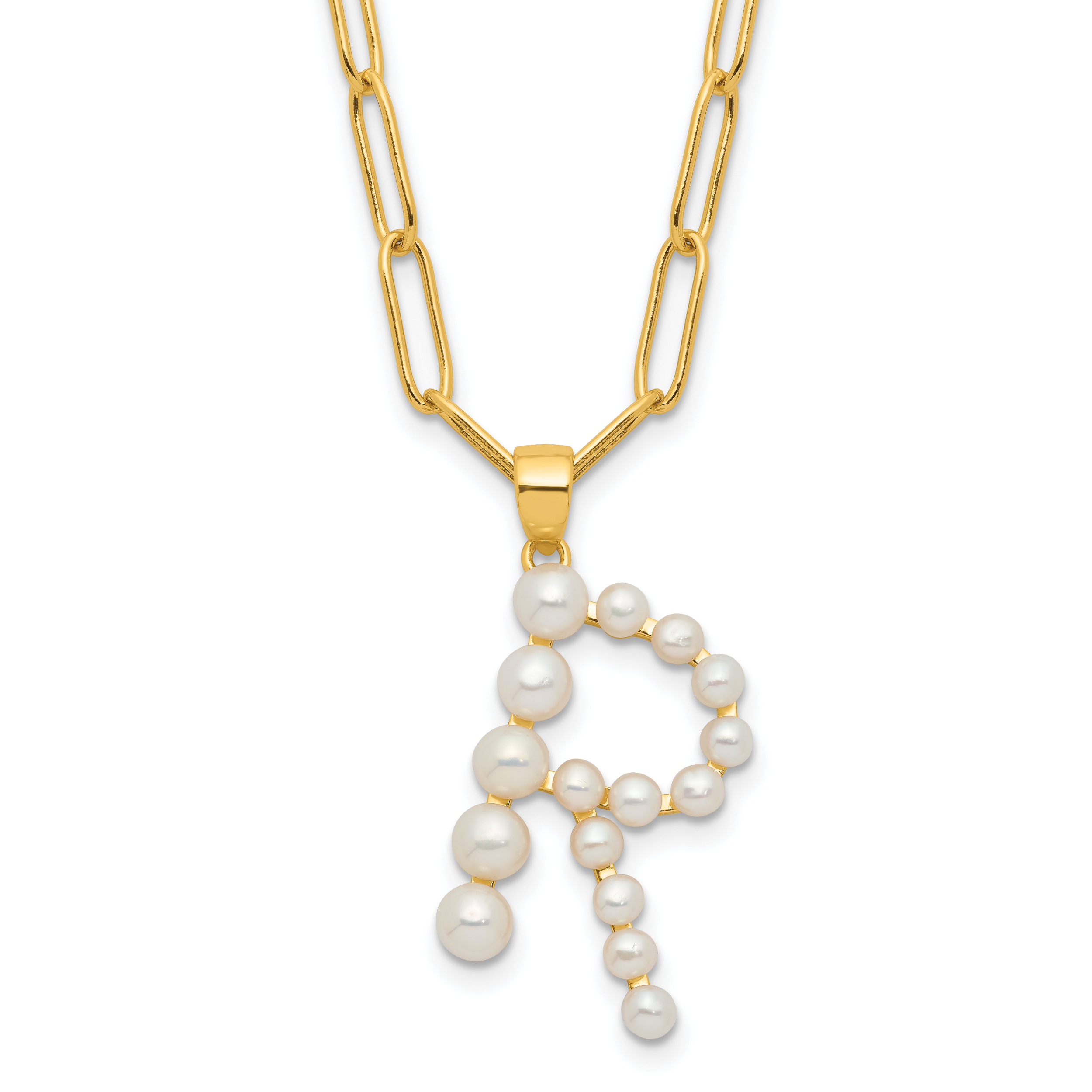 Sterling Silver Gold-plated 3-5.5mm White Button Freshwater Cultured Pearl LETTER R 18 inch Necklace Main image