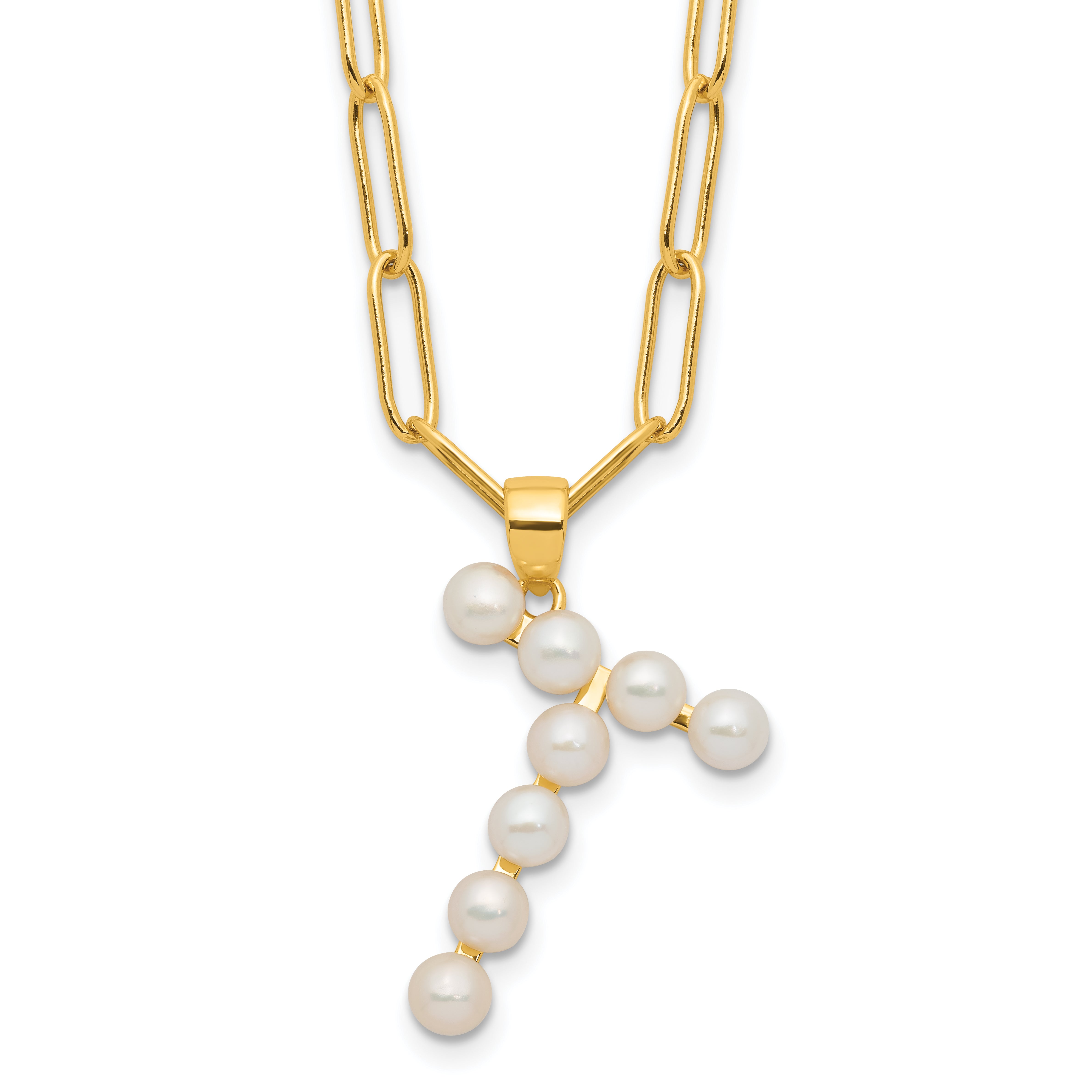Sterling Silver Gold-plated 3-5.5mm White Button Freshwater Cultured Pearl LETTER T 18 inch Necklace Main image