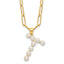 Sterling Silver Gold-plated 3-5.5mm White Button Freshwater Cultured Pearl LETTER T 18 inch Necklace