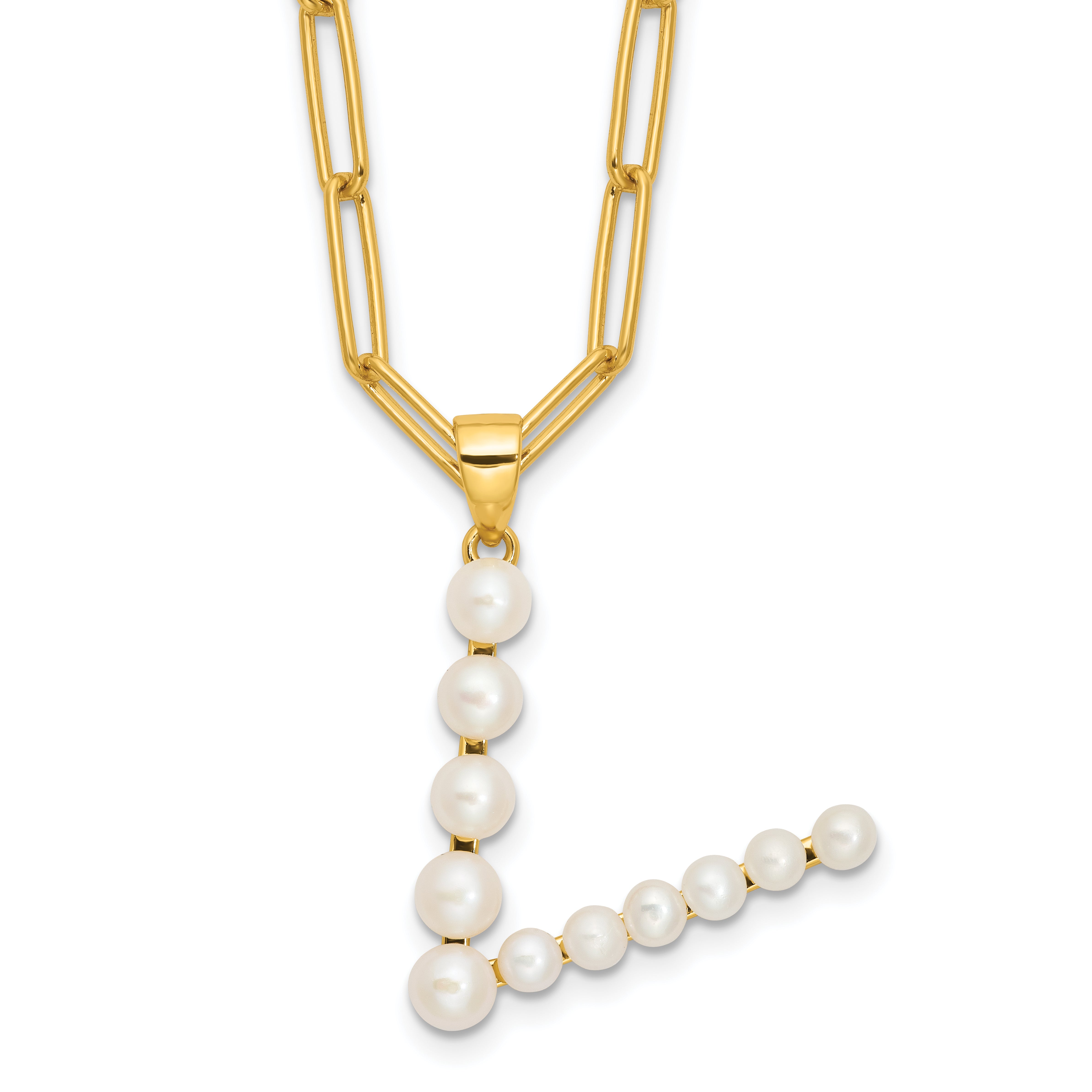 Sterling Silver Gold-plated 3-5.5mm White Button Freshwater Cultured Pearl LETTER V 18 inch Necklace Main image