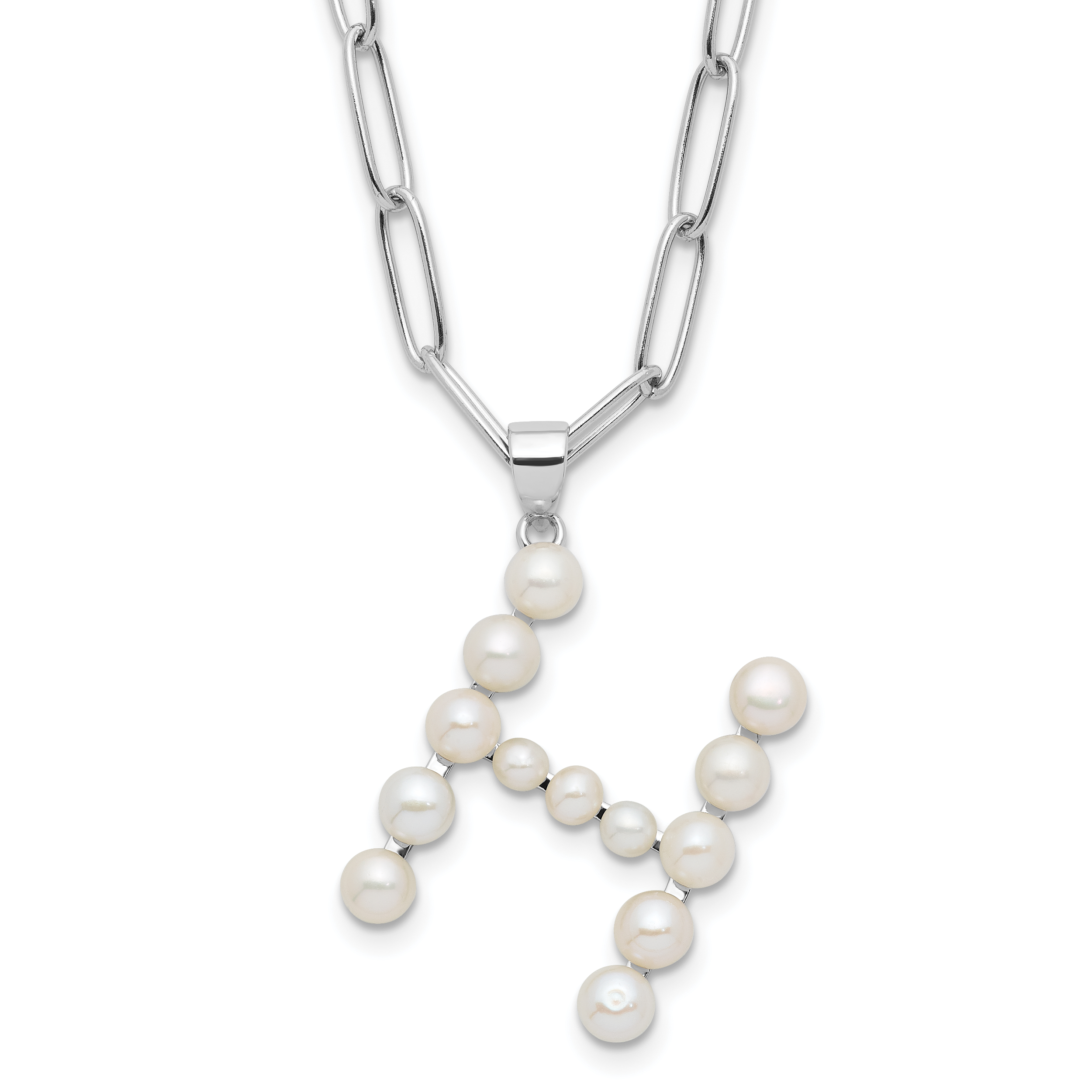 Sterling Silver Rhodium-Rhodium-Plated 3-5.5mm White Button Freshwater Cultured Pearl LETTER H 18 inch Necklace Main image