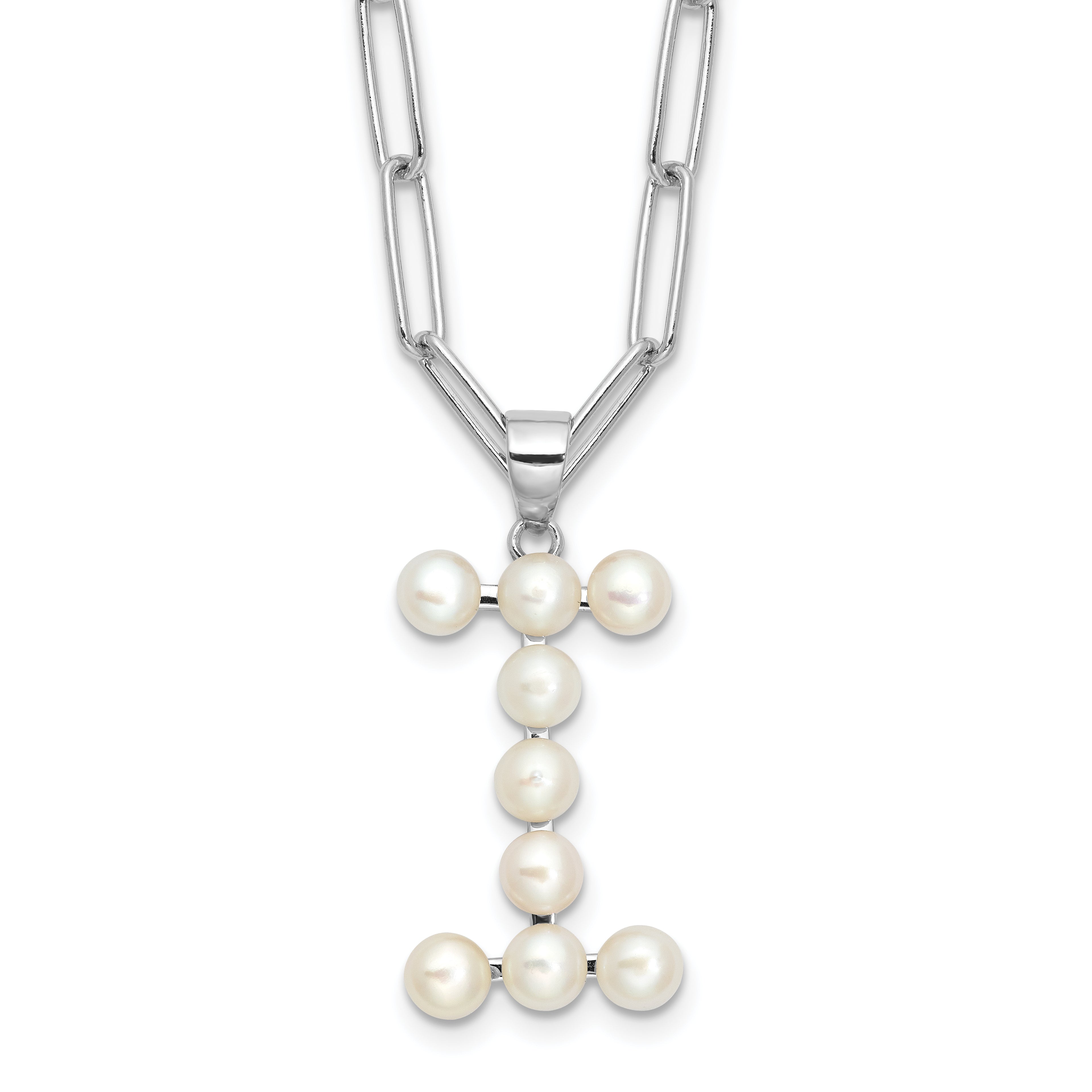 Sterling Silver Rhodium-Rhodium-Plated 3-5.5mm White Button Freshwater Cultured Pearl LETTER I 18 inch Necklace