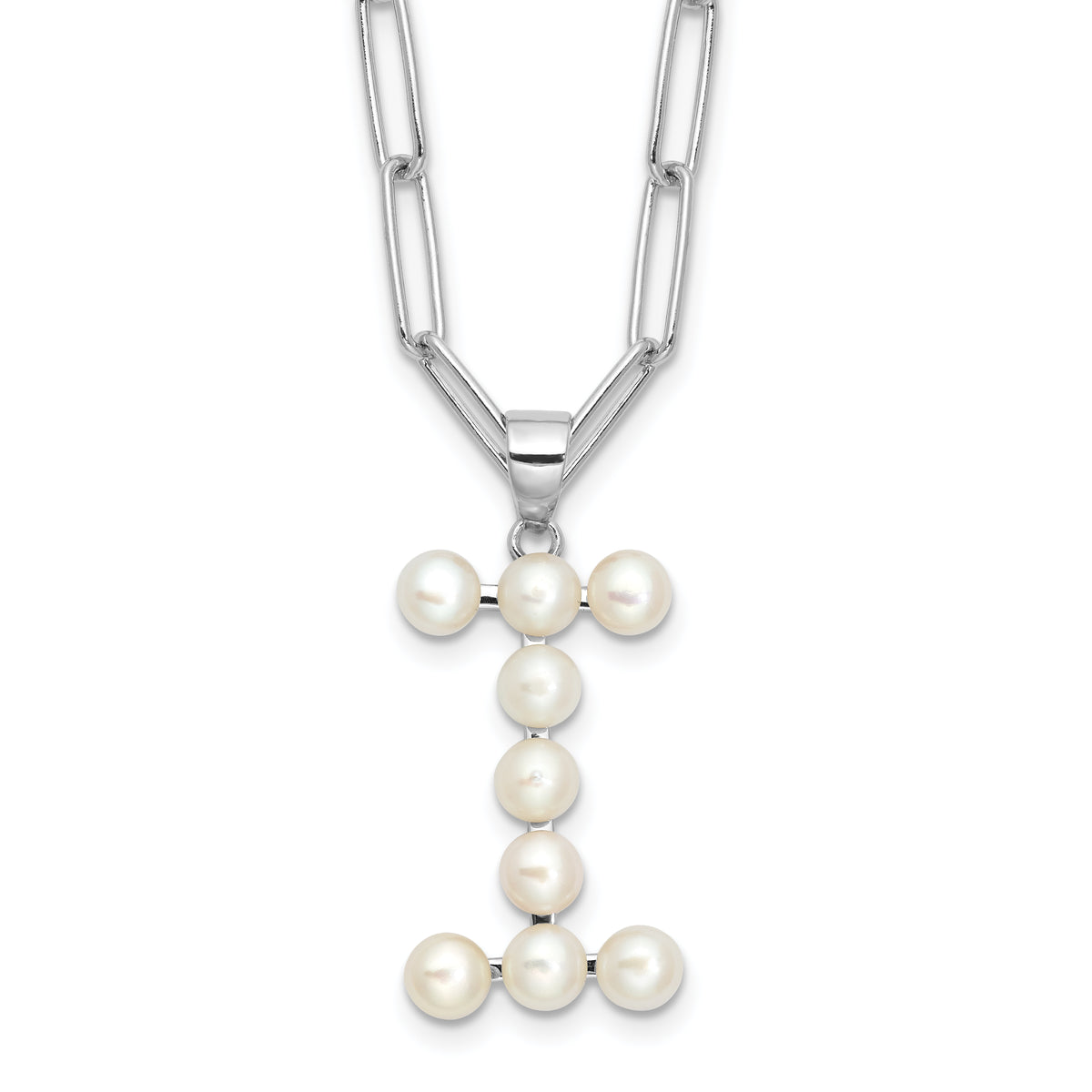 Sterling Silver Rhodium-Rhodium-Plated 3-5.5mm White Button Freshwater Cultured Pearl LETTER I 18 inch Necklace