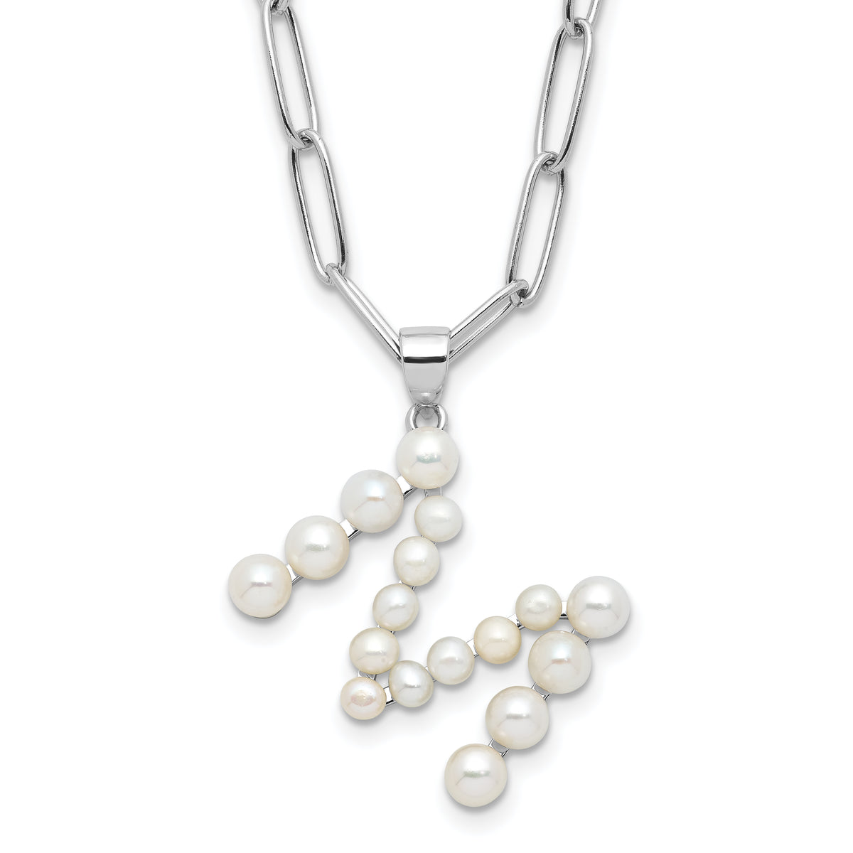 Sterling Silver Rhodium-Rhodium-Plated 3-5.5mm White Button Freshwater Cultured Pearl LETTER M 18 inch Necklace