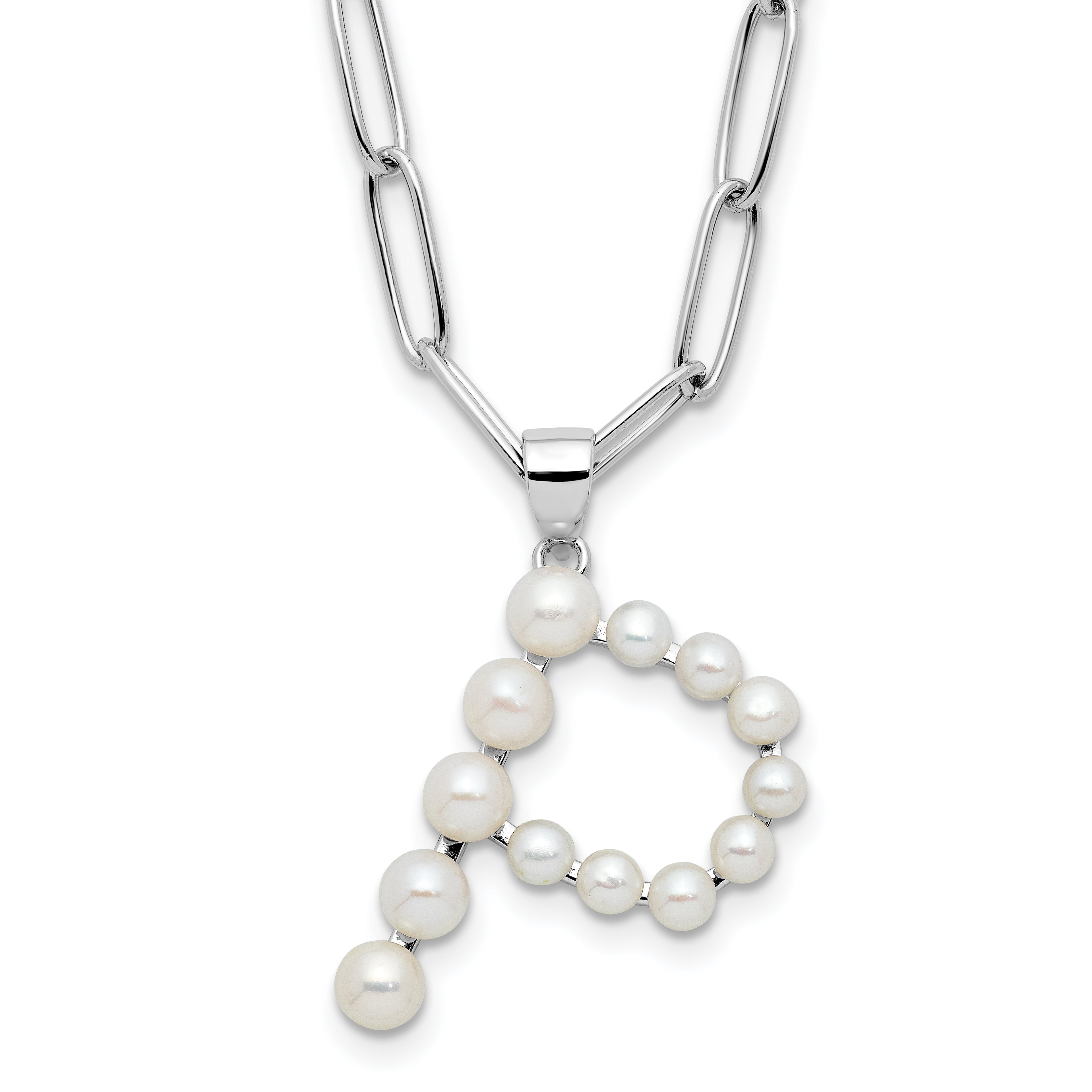 Sterling Silver Rhodium-Rhodium-Plated 3-5.5mm White Button Freshwater Cultured Pearl LETTER P 18 inch Necklace