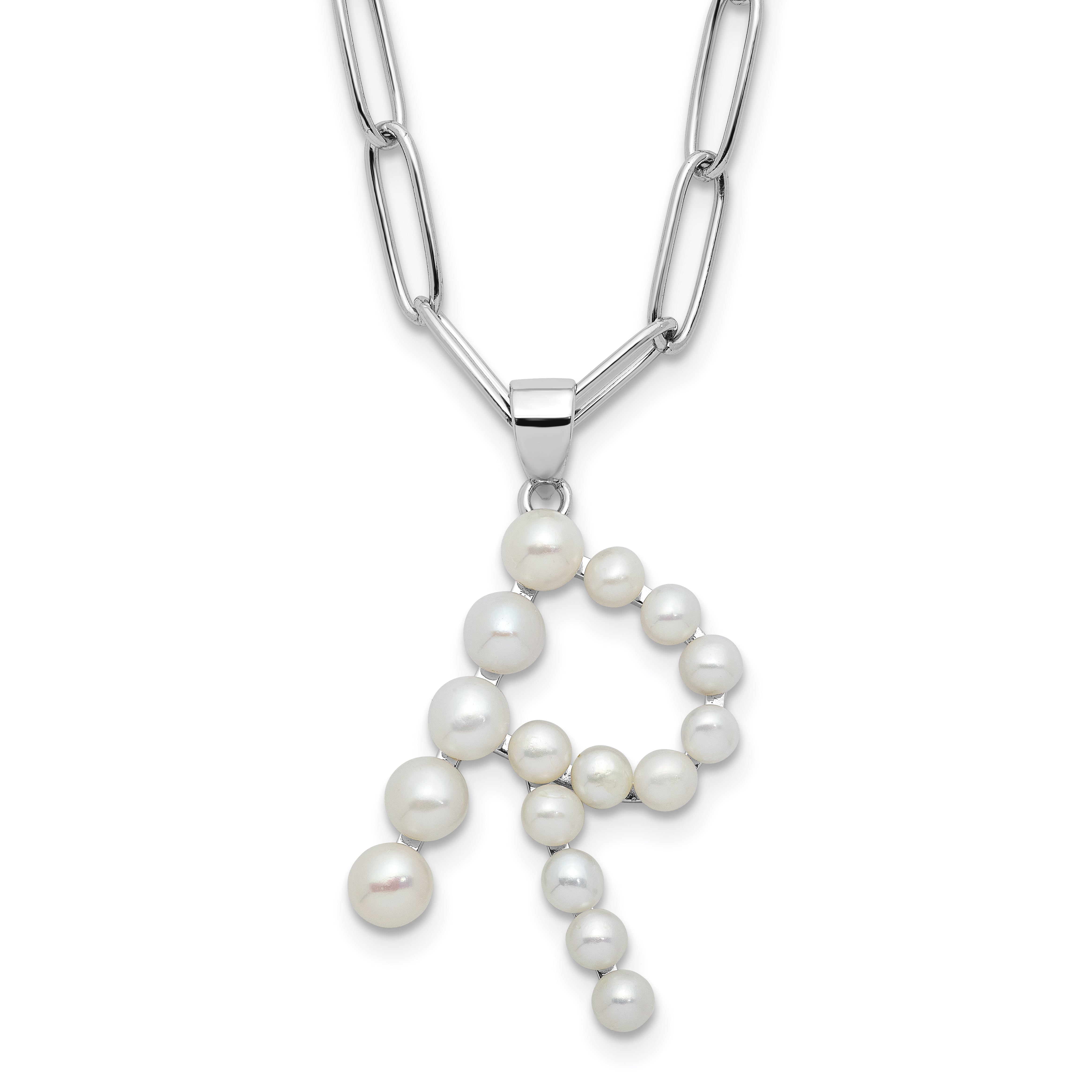 Sterling Silver Rhodium-Rhodium-Plated 3-5.5mm White Button Freshwater Cultured Pearl LETTER R 18 inch Necklace Main image