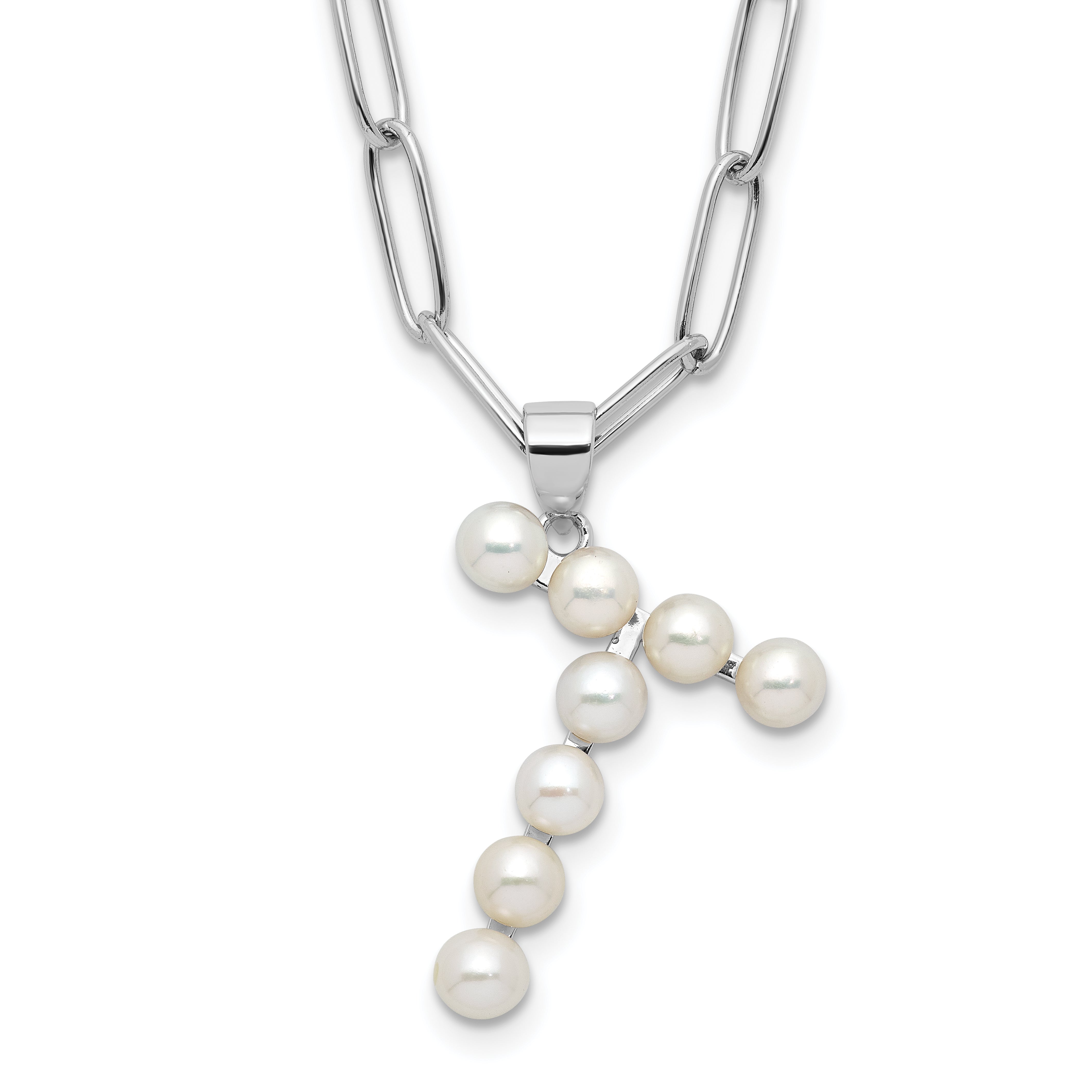 Sterling Silver Rhodium-Rhodium-Plated 3-5.5mm White Button Freshwater Cultured Pearl LETTER T 18 inch Necklace Main image