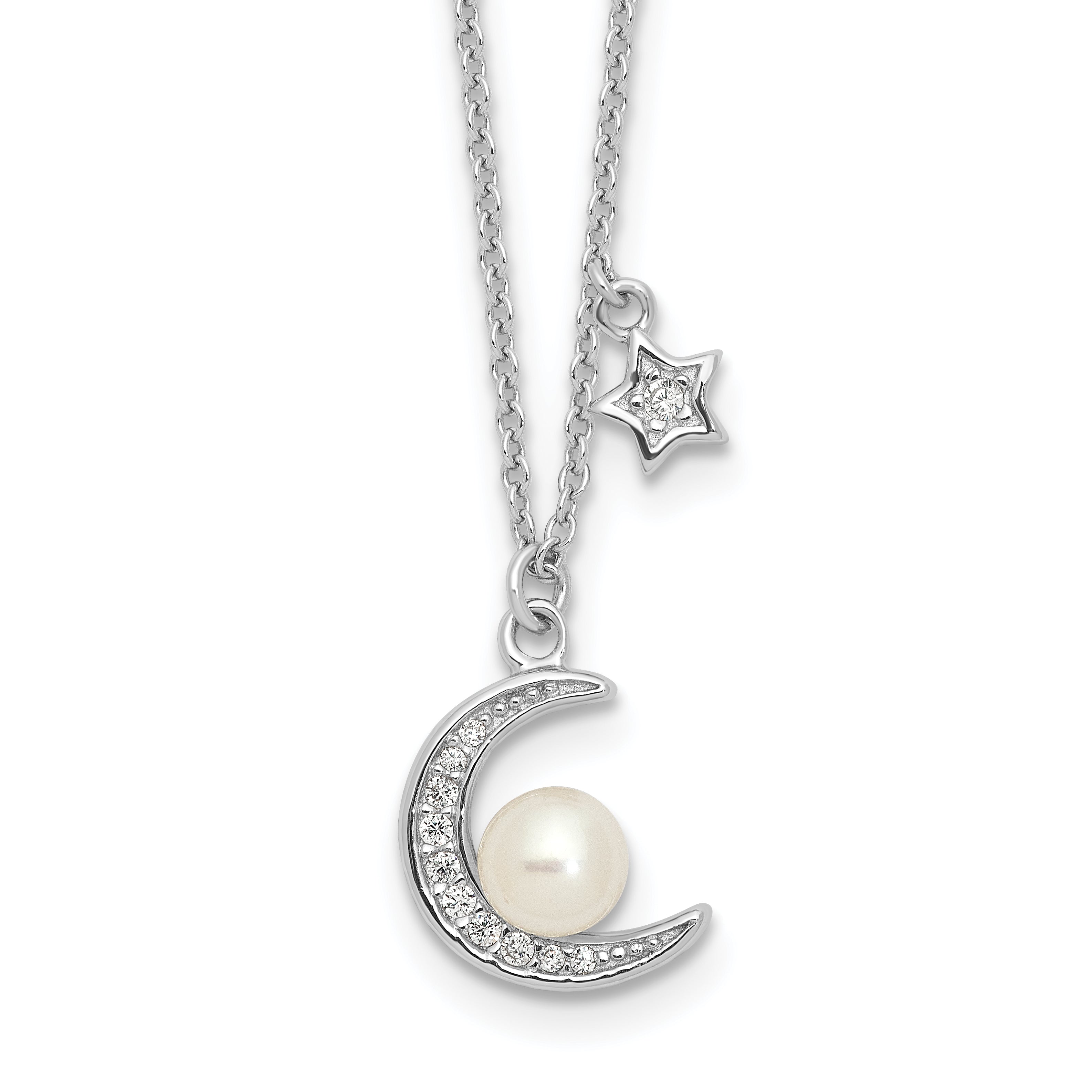 Sterling Silver Rhodium-Platedod-plated CZ and FWC Pearl Moon and Star 18in Necklace Main image