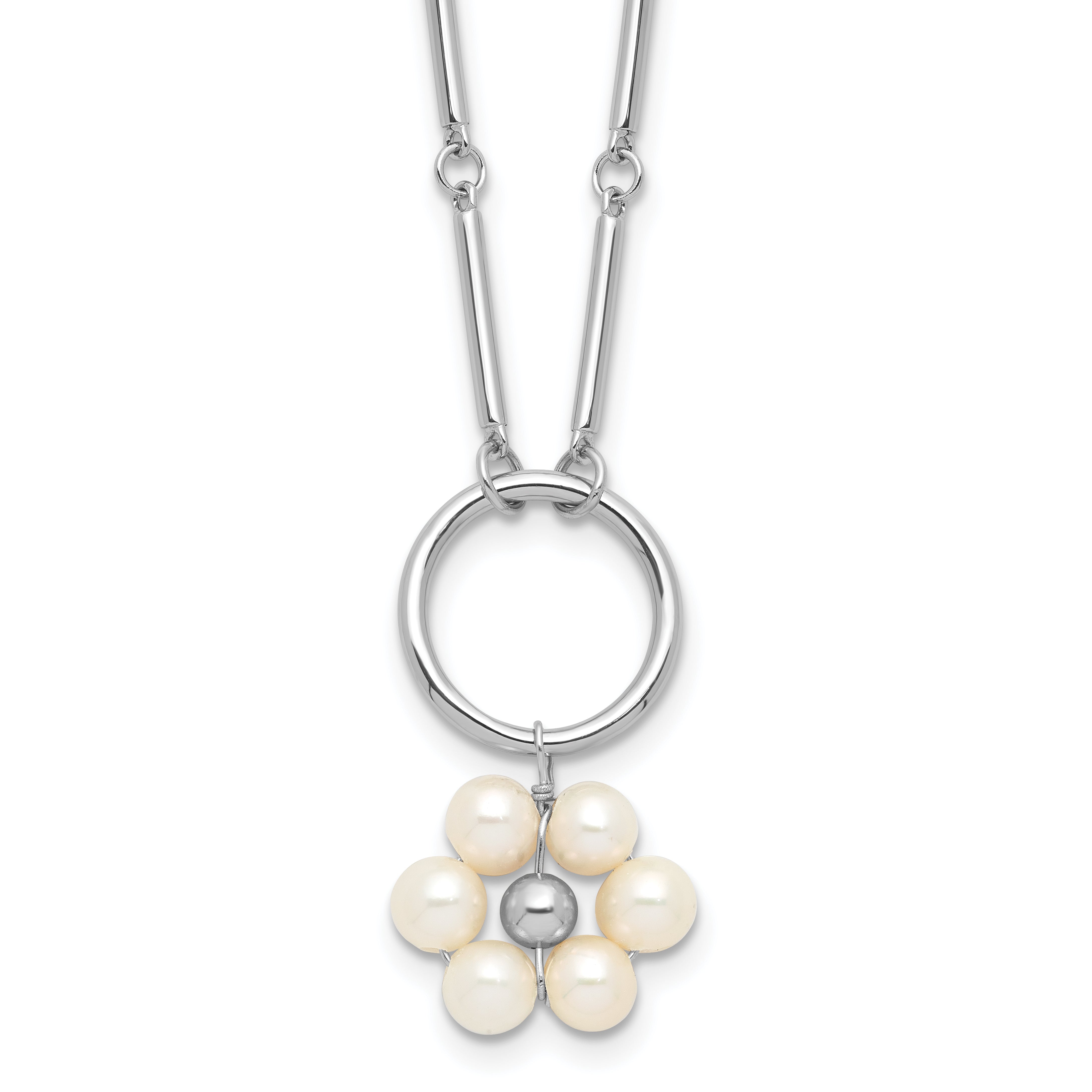 Sterling SilverRhodium-Rhodium-Plated 4-5mm FWC Pearl Flowers w/1.75in ext Necklace