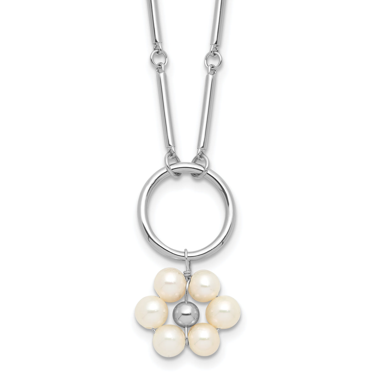 Sterling SilverRhodium-Rhodium-Plated 4-5mm FWC Pearl Flowers w/1.75in ext Necklace