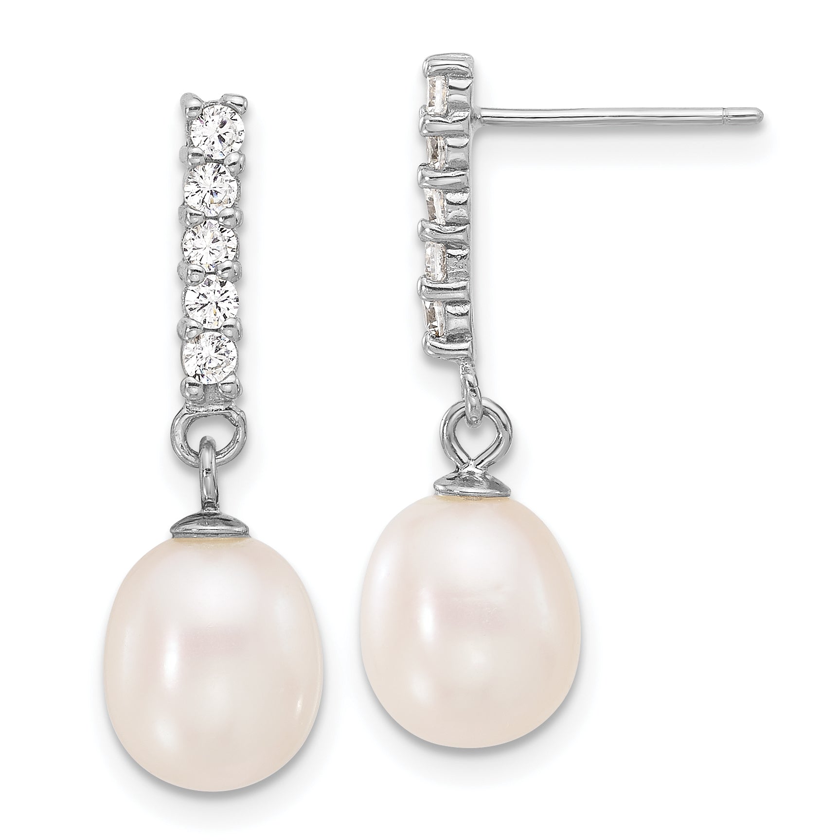 Sterling Silver Rhodium-plated Teardrop Freshwater Cultured Pearl and CZ 17 inch Necklace and Post Earrings Set Secondary image