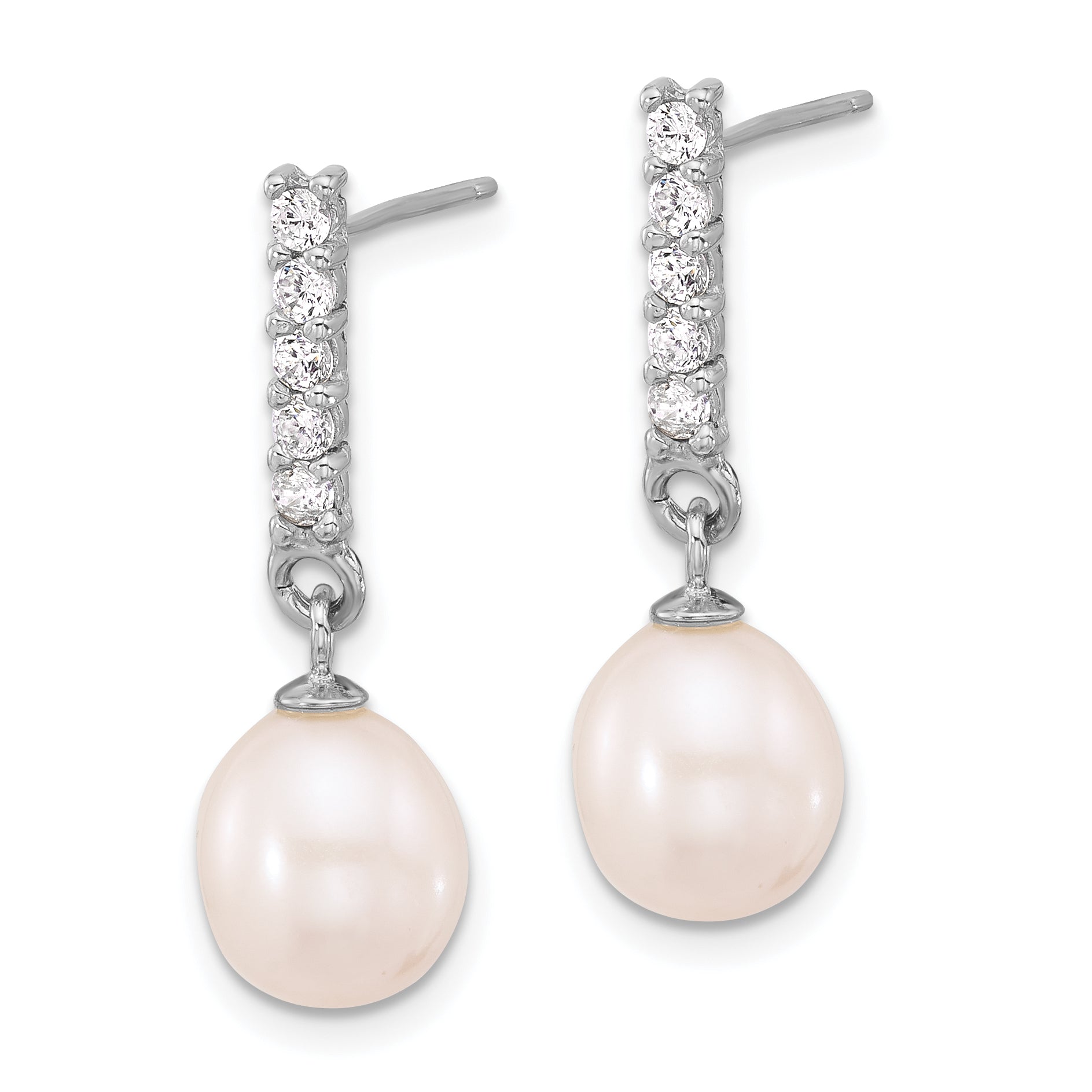 Sterling Silver Rhodium-plated Teardrop Freshwater Cultured Pearl and CZ 17 inch Necklace and Post Earrings Set