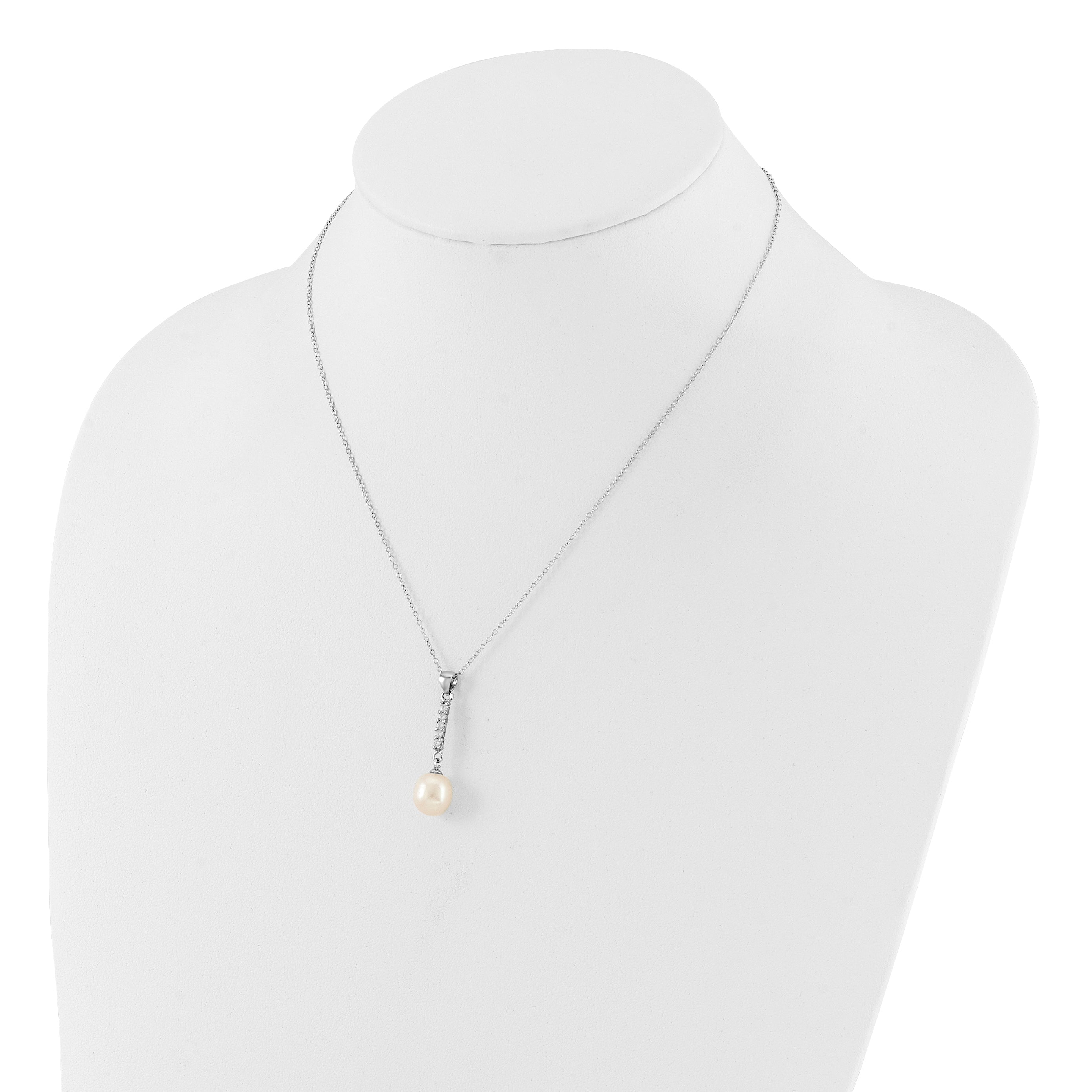 Sterling Silver Rhodium-plated Teardrop Freshwater Cultured Pearl and CZ 17 inch Necklace and Post Earrings Set