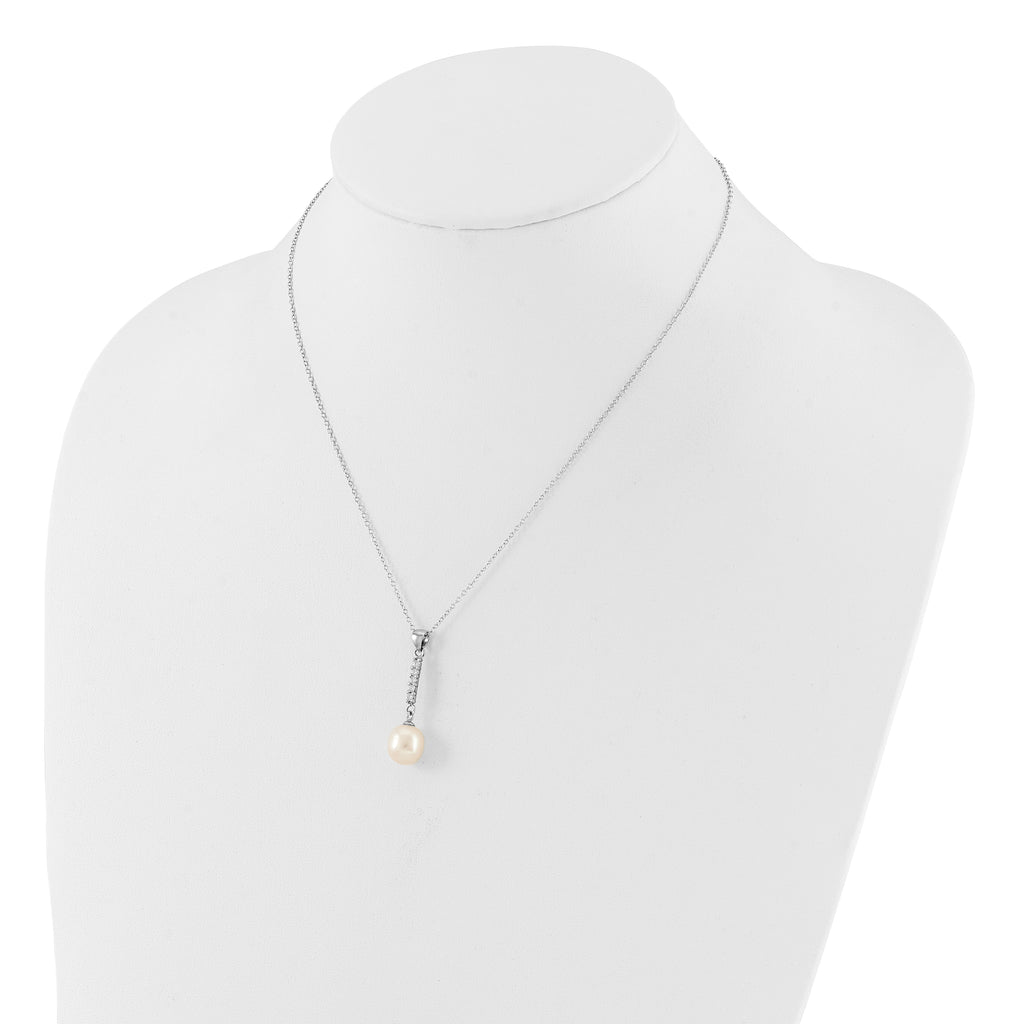 Sterling Silver Rhodium-plated Teardrop Freshwater Cultured Pearl and CZ 17 inch Necklace and Post Earrings Set