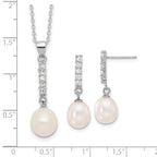 Sterling Silver Rhodium-plated Teardrop Freshwater Cultured Pearl and CZ 17 inch Necklace and Post Earrings Set