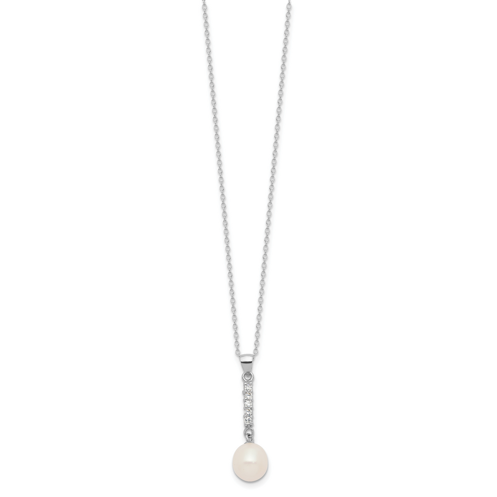 Sterling Silver Rhodium-plated Teardrop Freshwater Cultured Pearl and CZ 17 inch Necklace and Post Earrings Set
