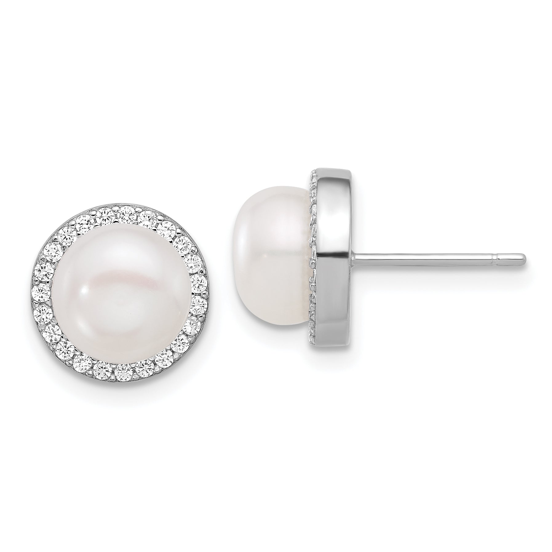Sterling Silver Rhodium-plated 8-9.5mm White Button Freshwater Cultured Pearl and CZ 17 inch Necklace and Post Earrings Set Secondary image