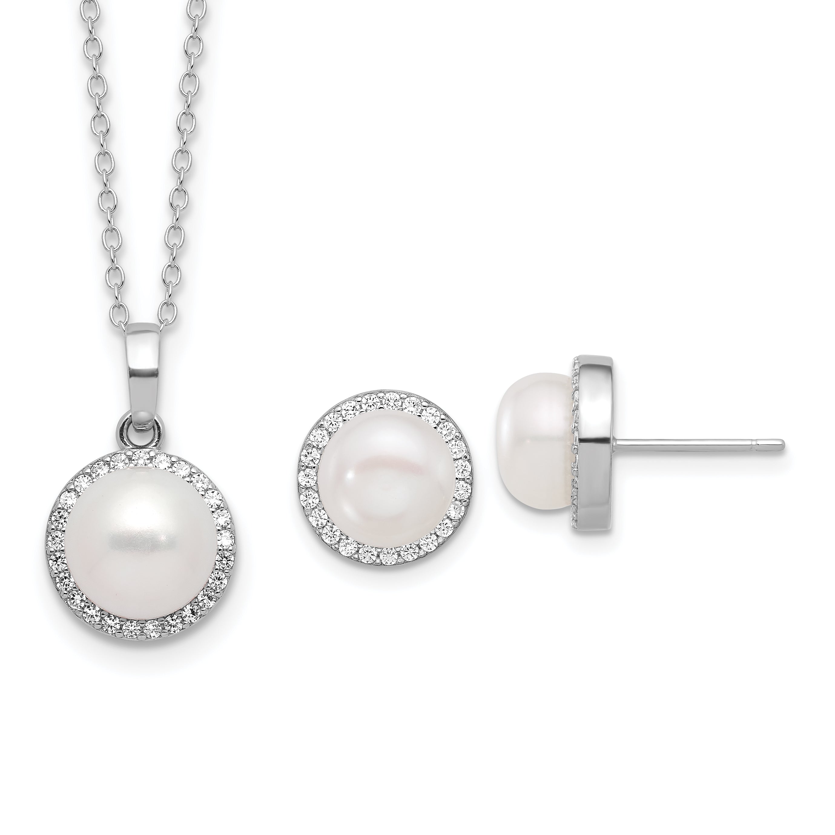 Sterling Silver Rhodium-plated 8-9.5mm White Button Freshwater Cultured Pearl and CZ 17 inch Necklace and Post Earrings Set Main image