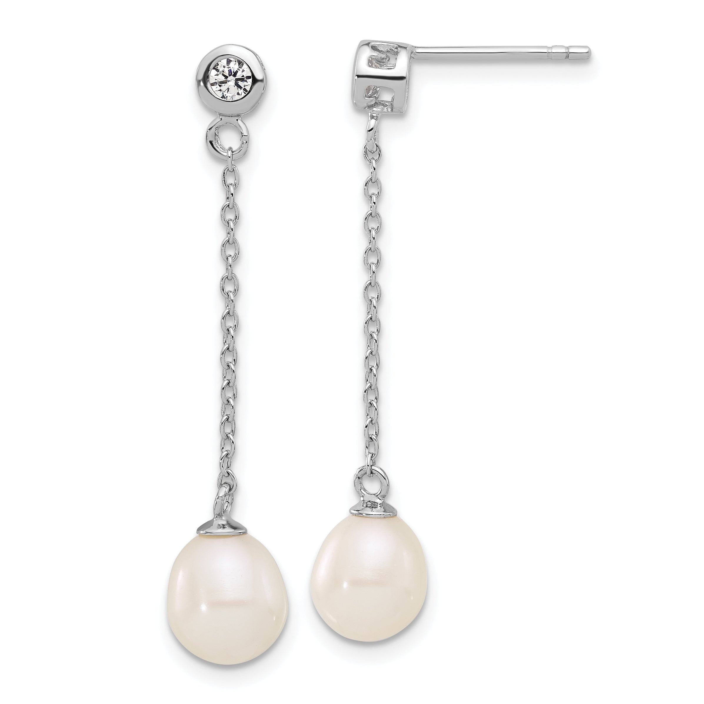 Sterling Silver Rhodium-plated 7-8mm White Teardrop Freshwater Cultured Pearl and CZ 17 inch Necklace and Post Dangle Earrings Set Secondary image