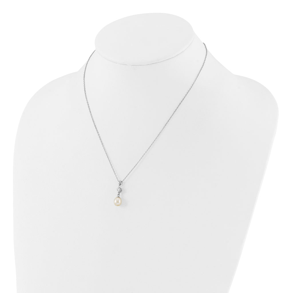 Sterling Silver Rhodium-plated 7-8mm White Teardrop Freshwater Cultured Pearl and CZ 17 inch Necklace and Post Dangle Earrings Set
