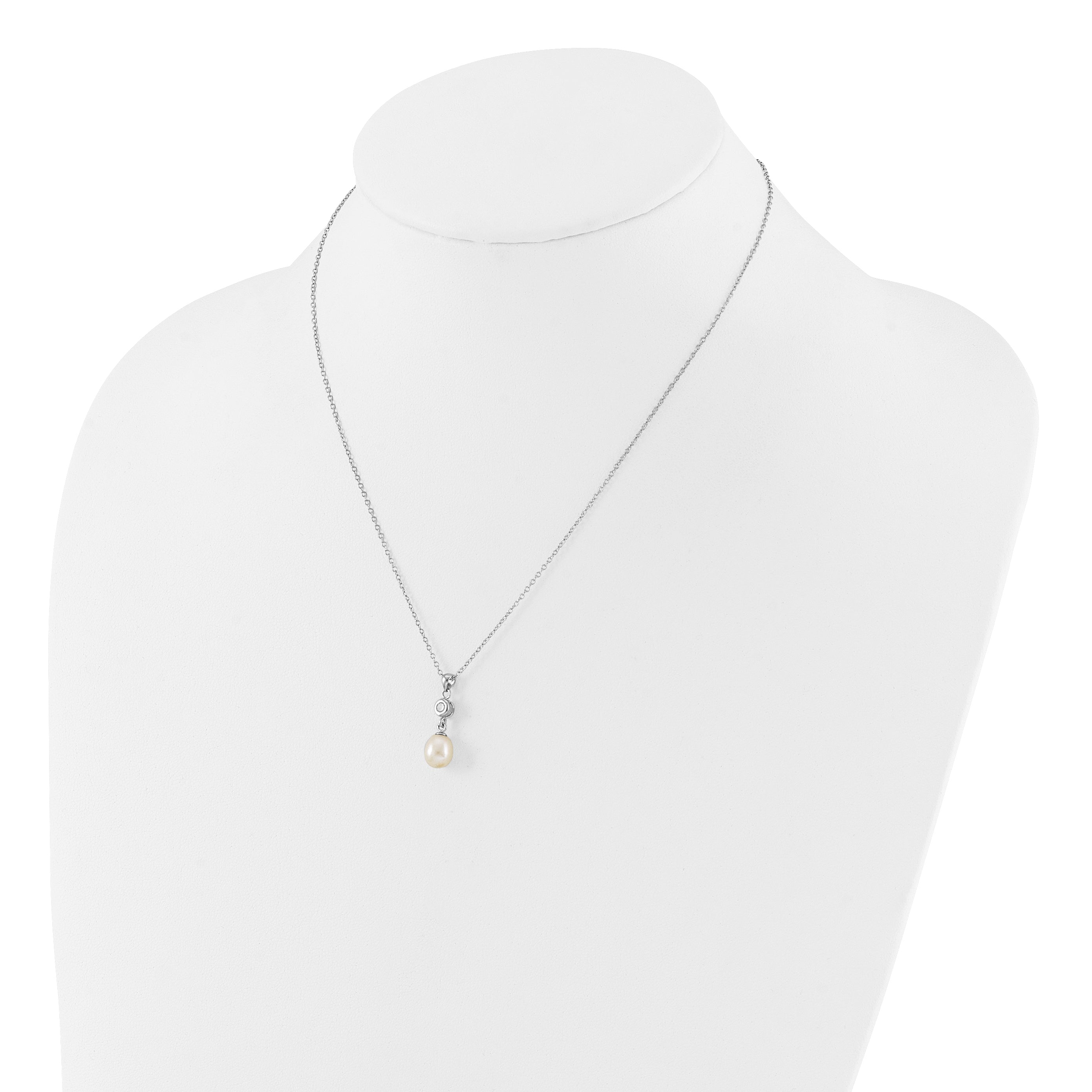 Sterling Silver Rhodium-plated 7-8mm White Teardrop Freshwater Cultured Pearl and CZ 17 inch Necklace and Post Dangle Earrings Set
