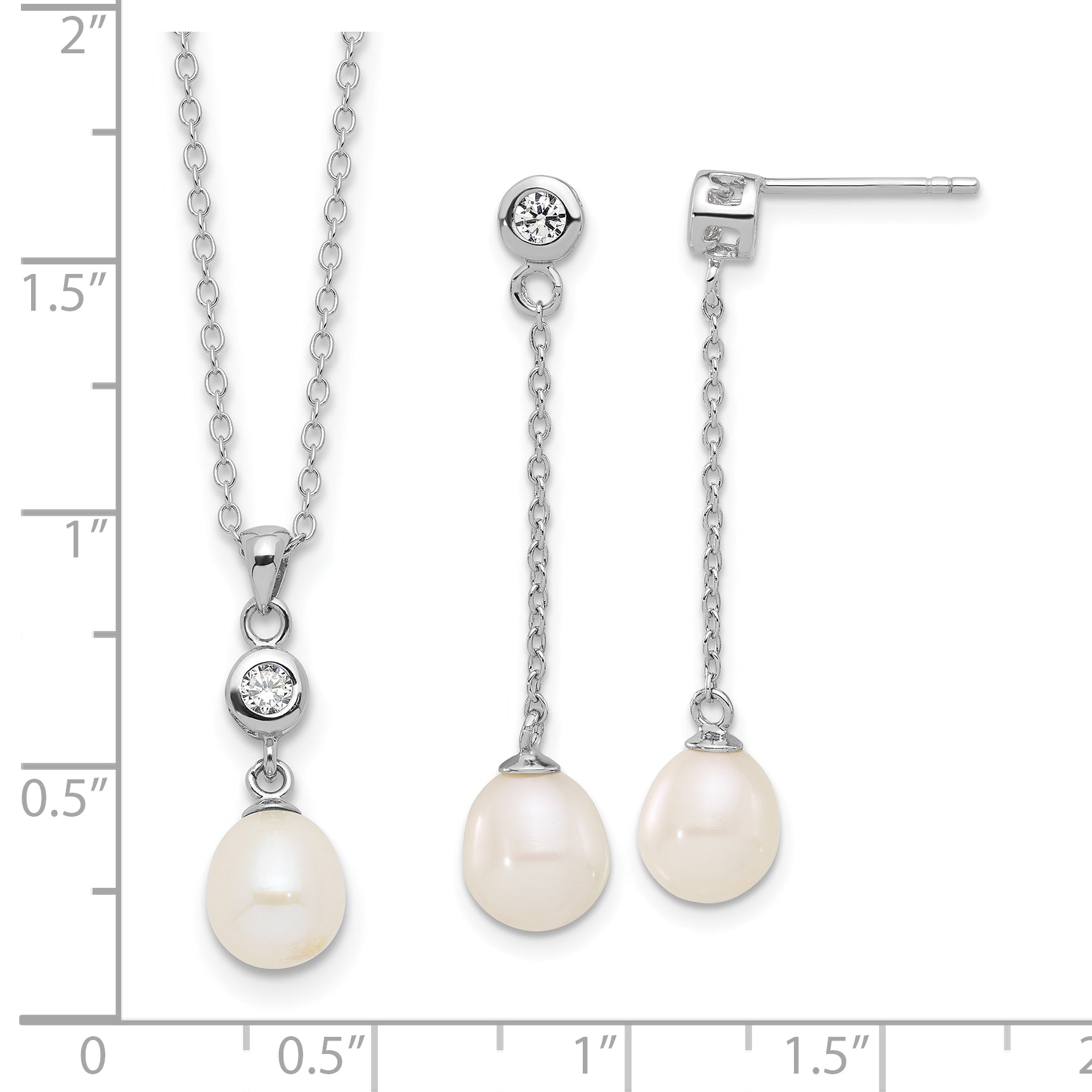 Sterling Silver Rhodium-plated 7-8mm White Teardrop Freshwater Cultured Pearl and CZ 17 inch Necklace and Post Dangle Earrings Set