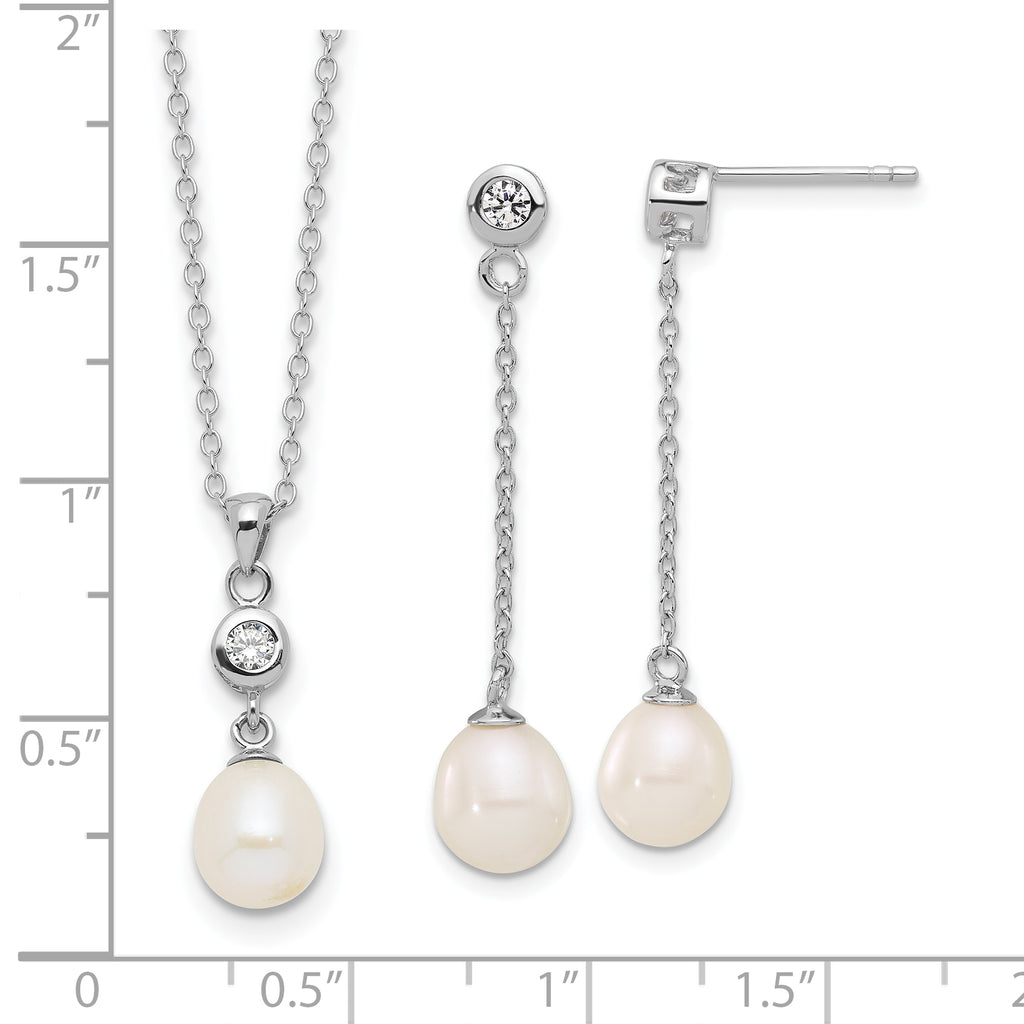 Sterling Silver Rhodium-plated 7-8mm White Teardrop Freshwater Cultured Pearl and CZ 17 inch Necklace and Post Dangle Earrings Set