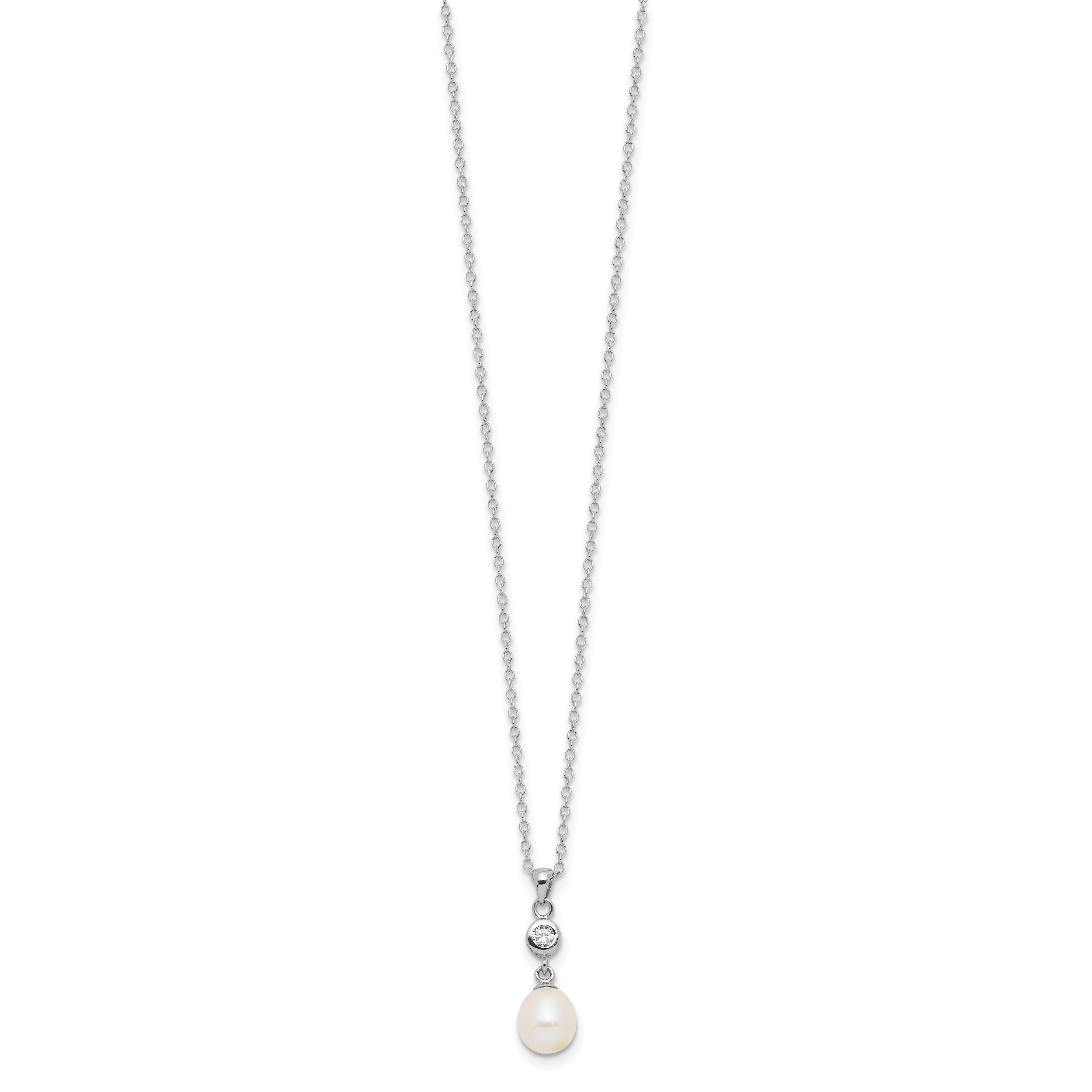 Sterling Silver Rhodium-plated 7-8mm White Teardrop Freshwater Cultured Pearl and CZ 17 inch Necklace and Post Dangle Earrings Set
