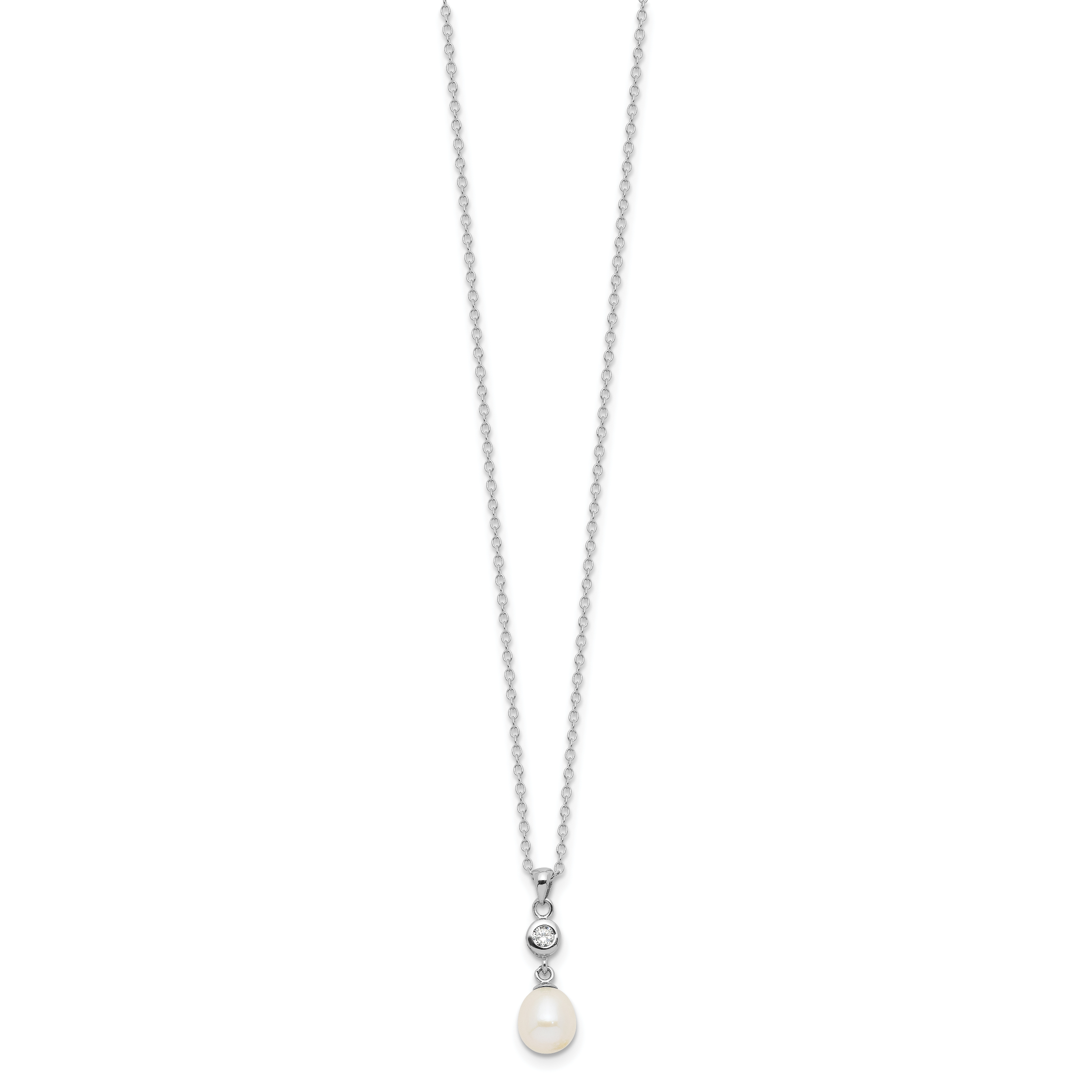 Sterling Silver Rhodium-plated 7-8mm White Teardrop Freshwater Cultured Pearl and CZ 17 inch Necklace and Post Dangle Earrings Set
