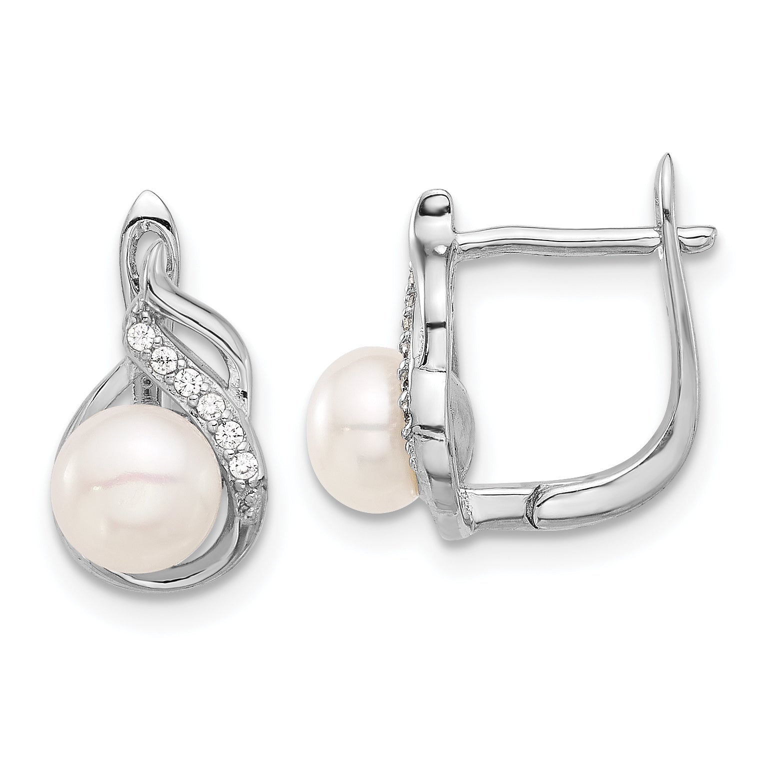 Sterling Silver Rhodium-plated 6-9mm White Button Freshwater Cultured Pearl and CZ 17 inch Necklace and Leverback Earrings Set Secondary image