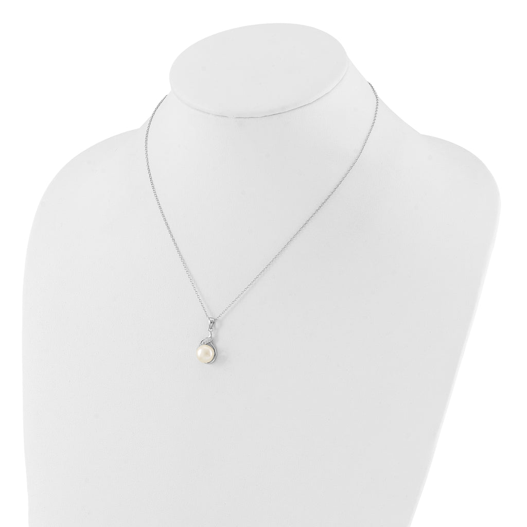 Sterling Silver Rhodium-plated 6-9mm White Button Freshwater Cultured Pearl and CZ 17 inch Necklace and Leverback Earrings Set