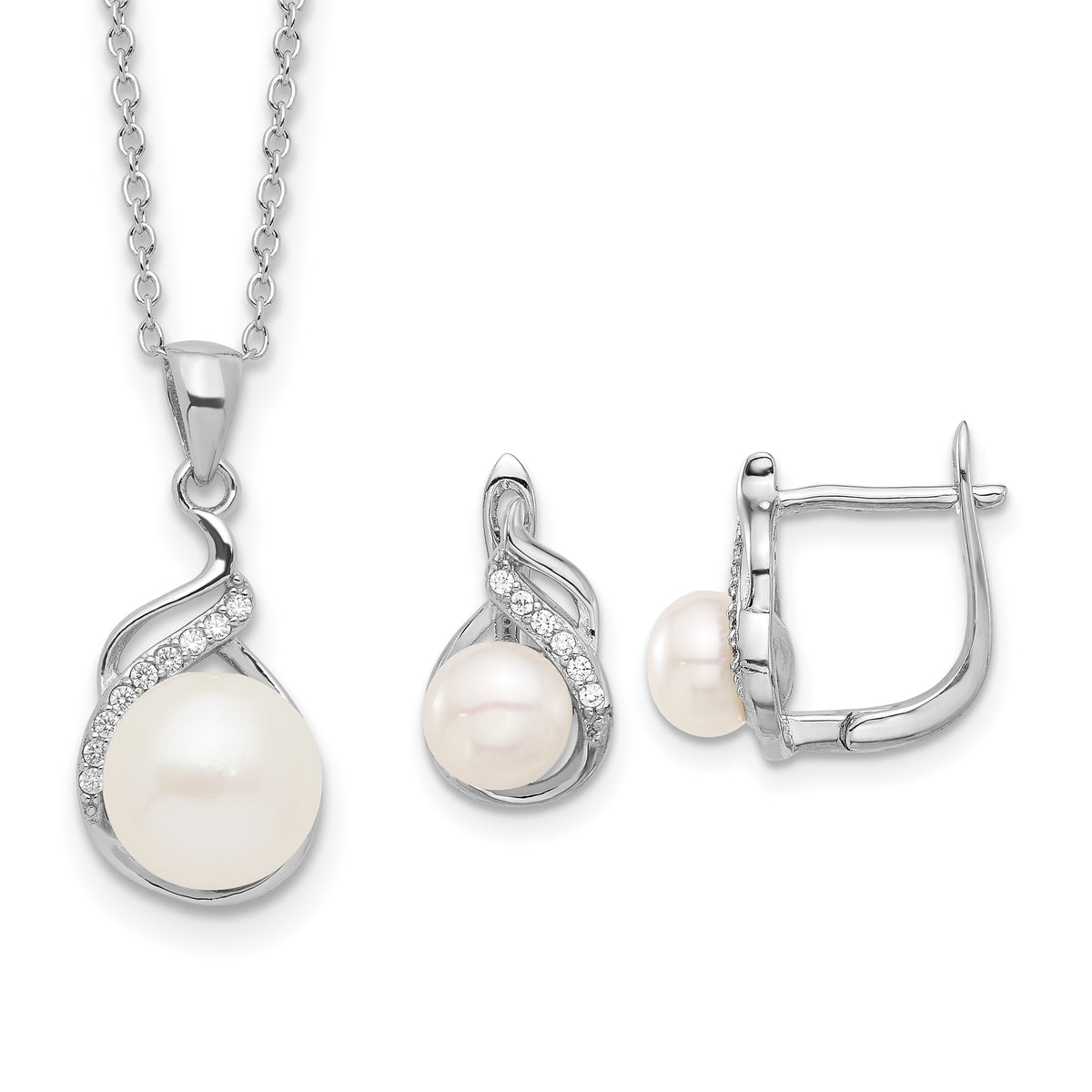 Sterling Silver Rhodium-plated 6-9mm White Button Freshwater Cultured Pearl and CZ 17 inch Necklace and Leverback Earrings Set