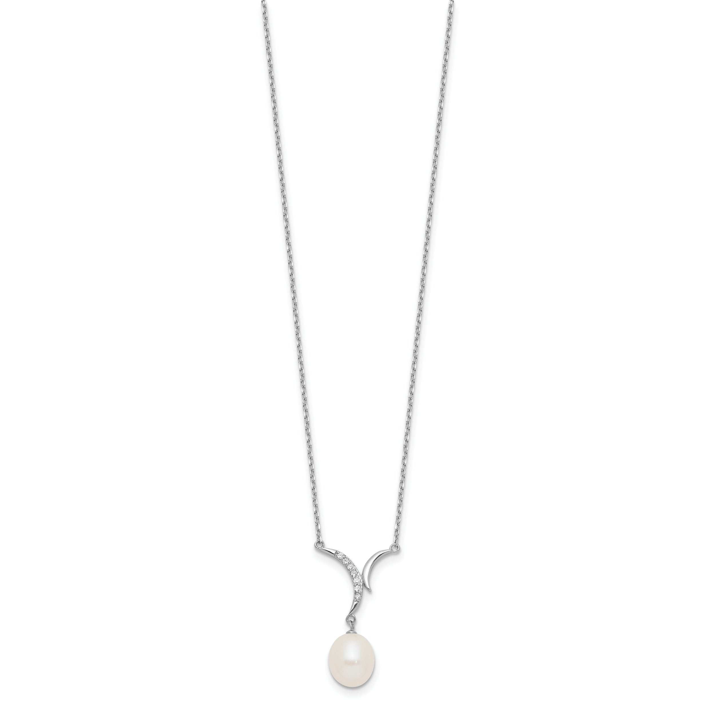 Sterling Silver Rhodium-plated 7-9mm White Teardrop Freshwater Cultured Pearl and CZ 18 inch Necklace and Post Dangle Earrings Set