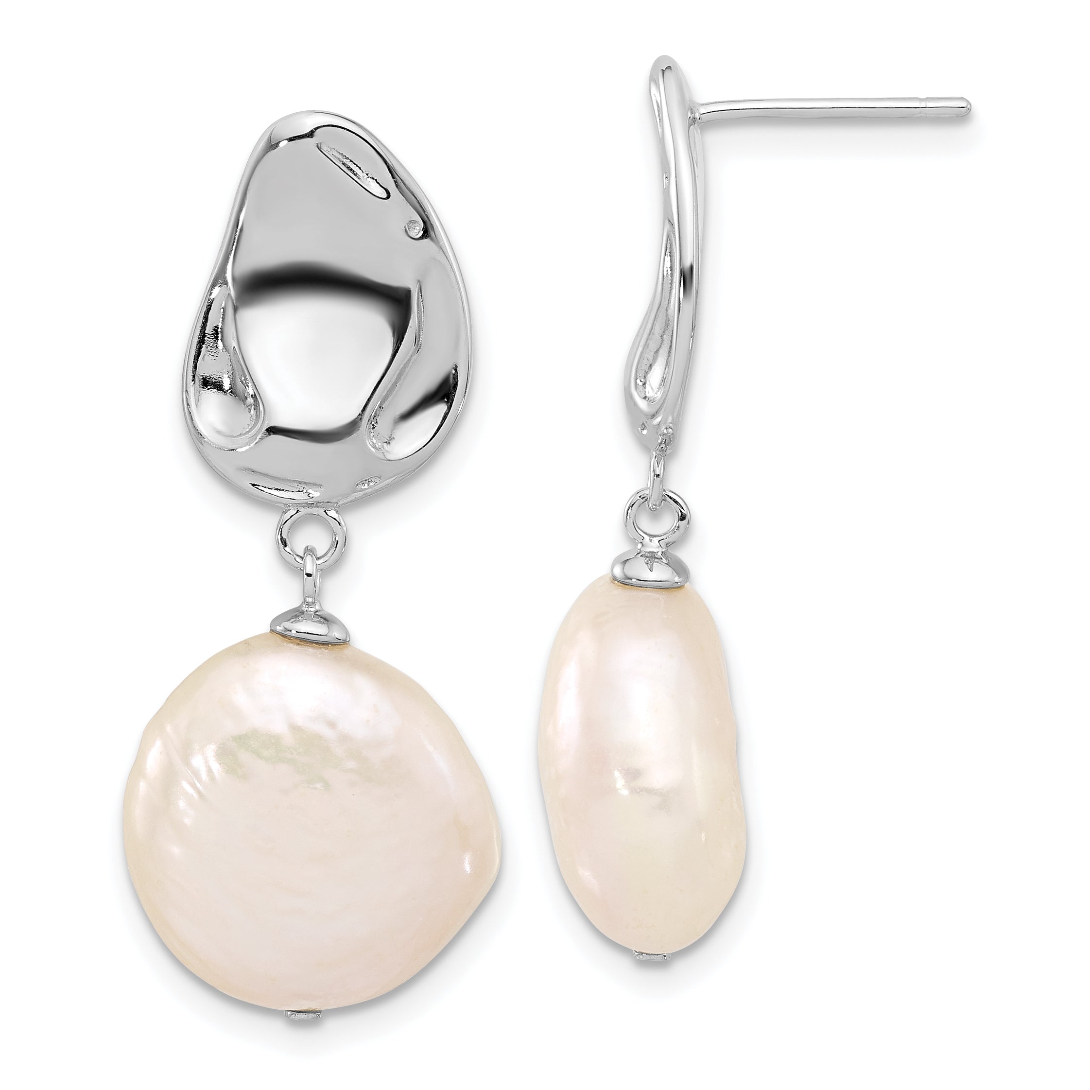 Sterling Silver Rhodium-plated 13-14mm White Coin Freshwater Cultured Pearl 17 inch Necklace and Post Dangle Earrings Set Secondary image