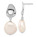 Sterling Silver Rhodium-plated 13-14mm White Coin Freshwater Cultured Pearl 17 inch Necklace and Post Dangle Earrings Set