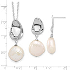 Sterling Silver Rhodium-plated 13-14mm White Coin Freshwater Cultured Pearl 17 inch Necklace and Post Dangle Earrings Set