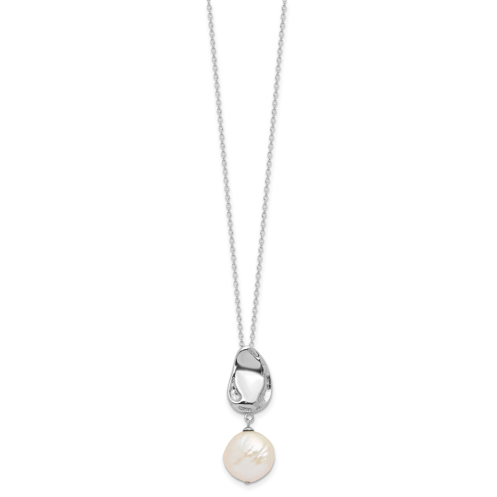 Sterling Silver Rhodium-plated 13-14mm White Coin Freshwater Cultured Pearl 17 inch Necklace and Post Dangle Earrings Set