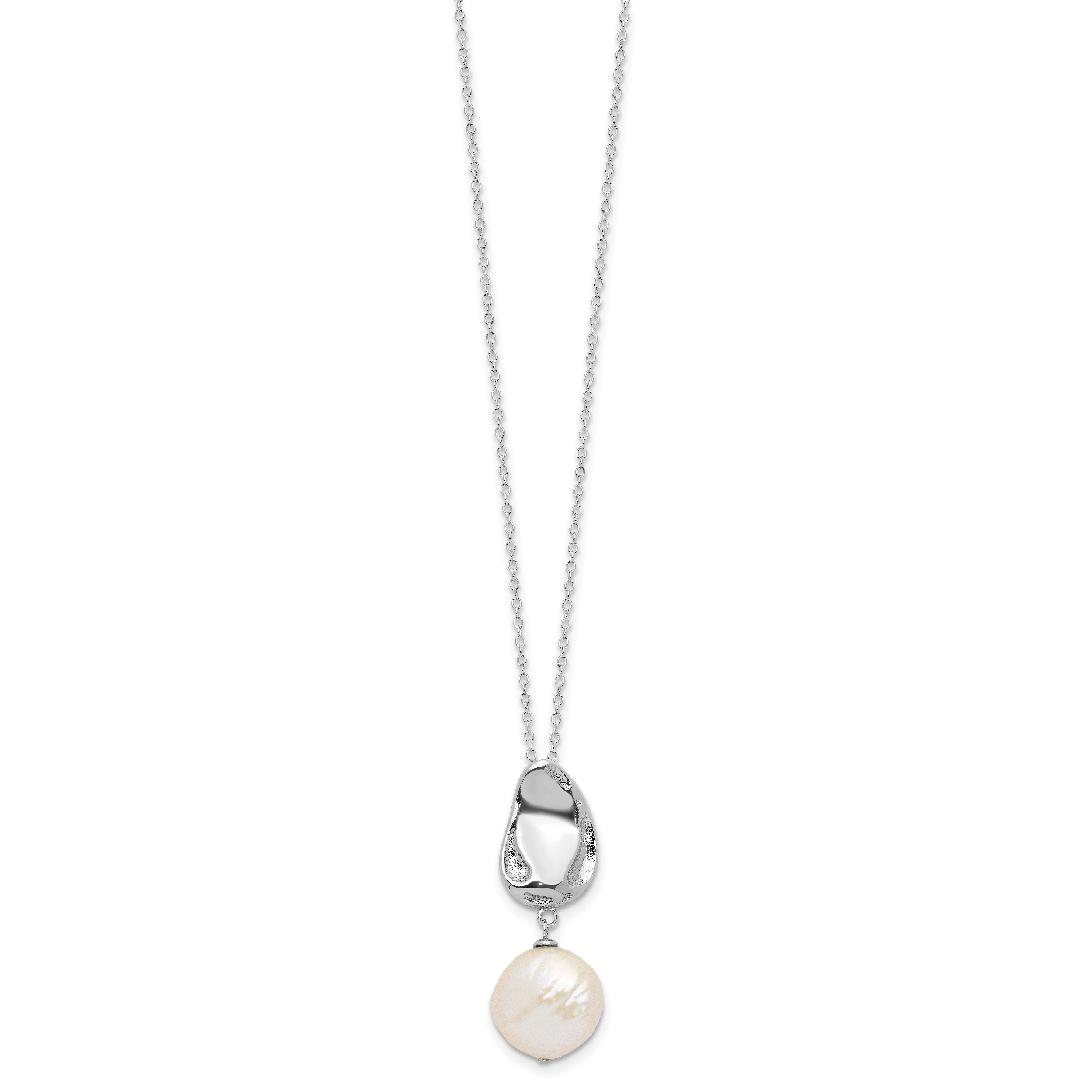 Sterling Silver Rhodium-plated 13-14mm White Coin Freshwater Cultured Pearl 17 inch Necklace and Post Dangle Earrings Set