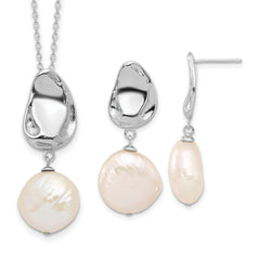 Sterling Silver Rhodium-plated 13-14mm White Coin Freshwater Cultured Pearl 17 inch Necklace and Post Dangle Earrings Set