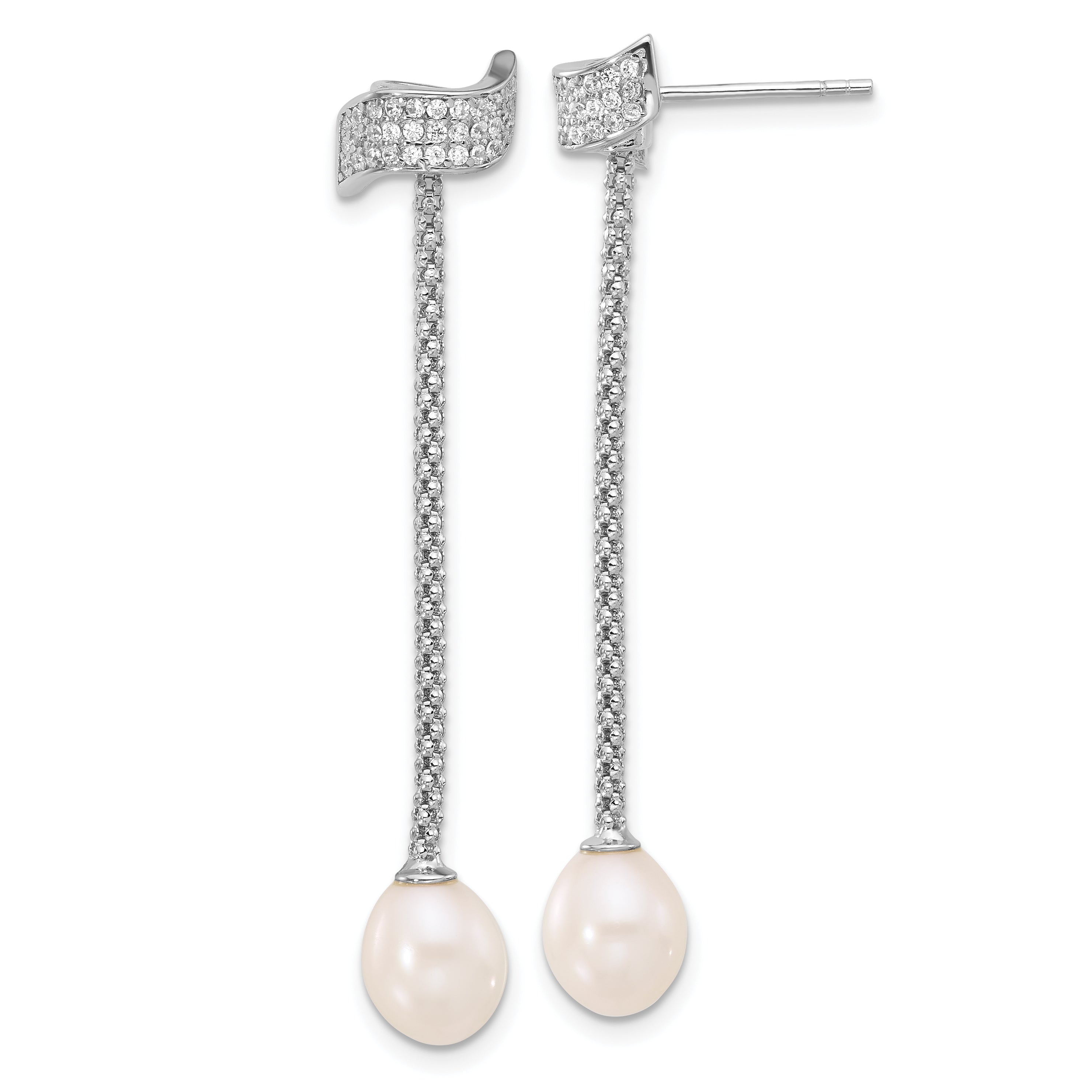 Sterling Silver Rhodium-plated 8-10mm White Teardrop Freshwater Cultured Pearl and CZ 18 inch with 2 inch Extension Necklace and Post Dangle Earrings Set Secondary image