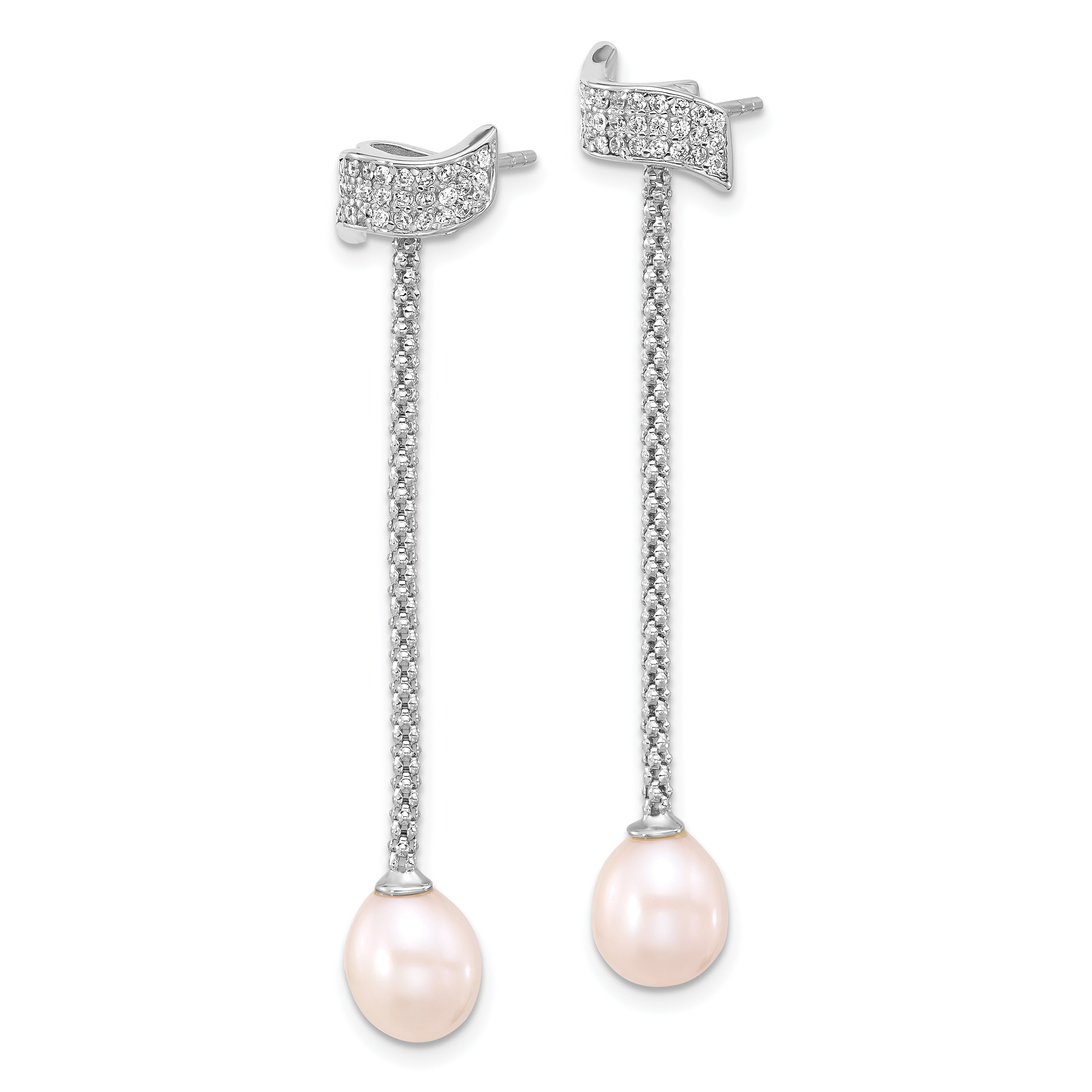 Sterling Silver Rhodium-plated 8-10mm White Teardrop Freshwater Cultured Pearl and CZ 18 inch with 2 inch Extension Necklace and Post Dangle Earrings Set