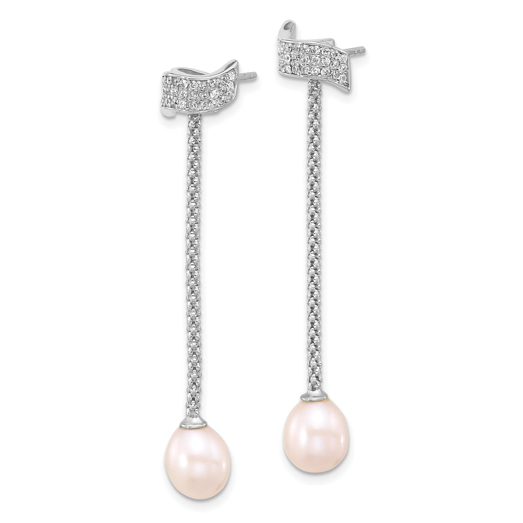 Sterling Silver Rhodium-plated 8-10mm White Teardrop Freshwater Cultured Pearl and CZ 18 inch with 2 inch Extension Necklace and Post Dangle Earrings Set