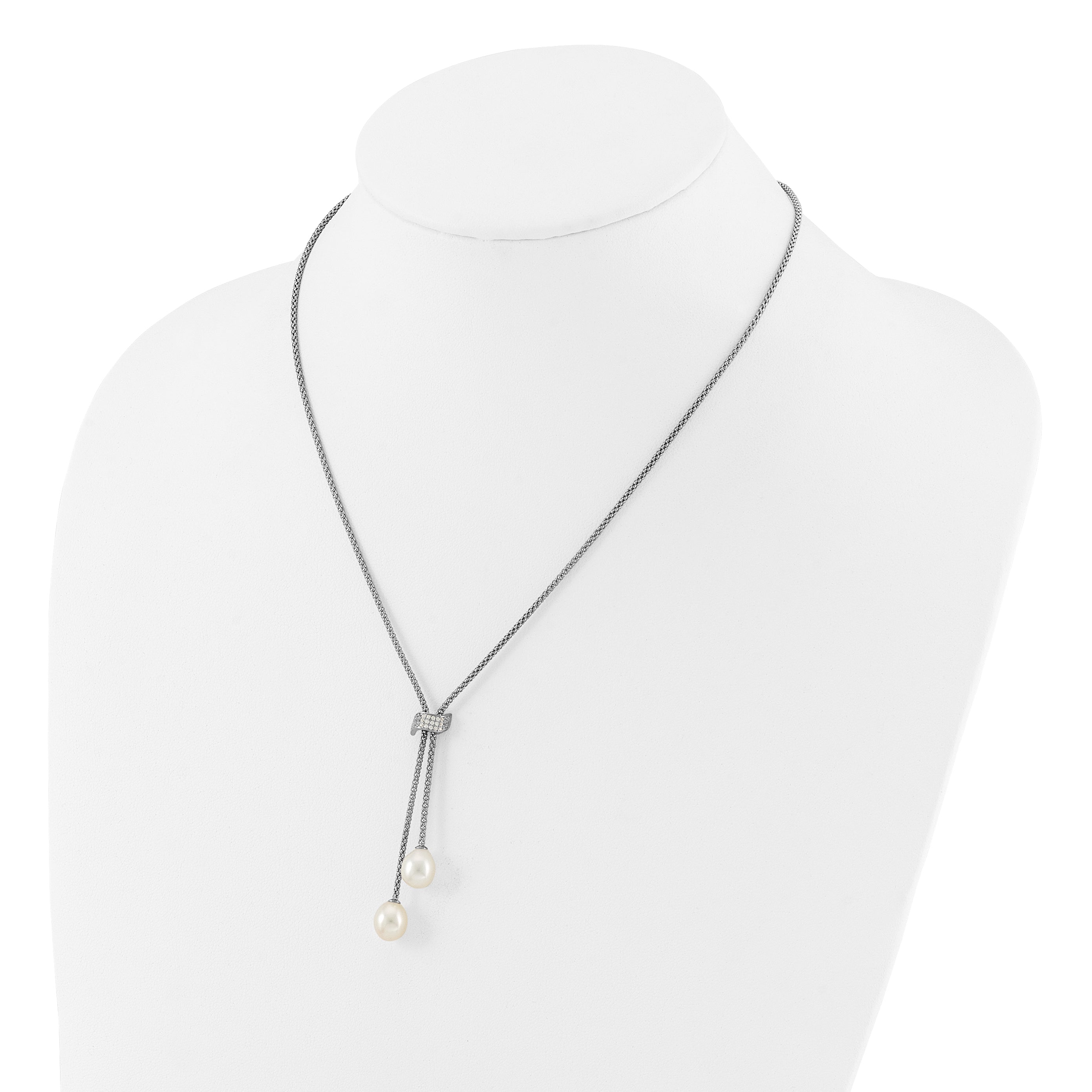 Sterling Silver Rhodium-plated 8-10mm White Teardrop Freshwater Cultured Pearl and CZ 18 inch with 2 inch Extension Necklace and Post Dangle Earrings Set