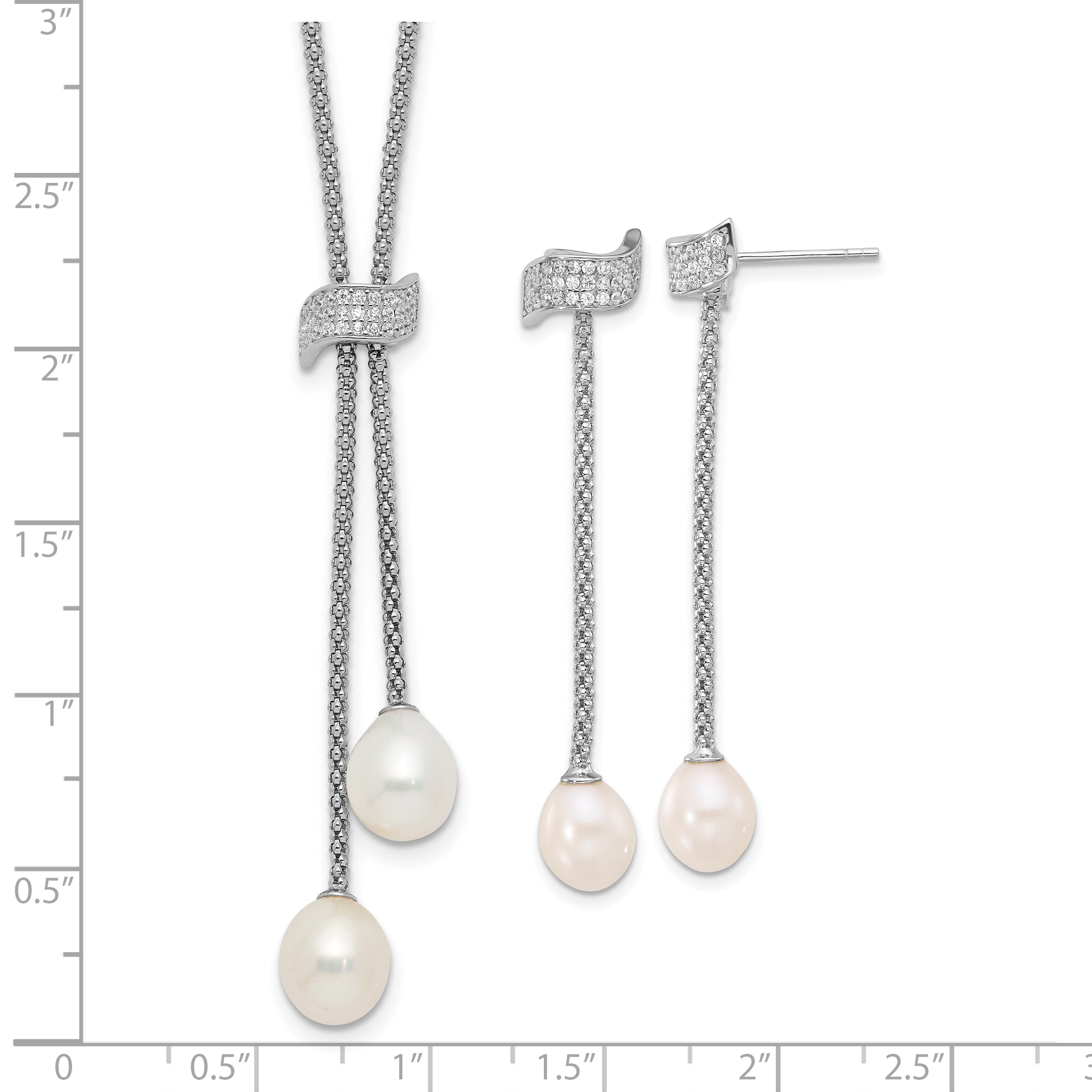 Sterling Silver Rhodium-plated 8-10mm White Teardrop Freshwater Cultured Pearl and CZ 18 inch with 2 inch Extension Necklace and Post Dangle Earrings Set